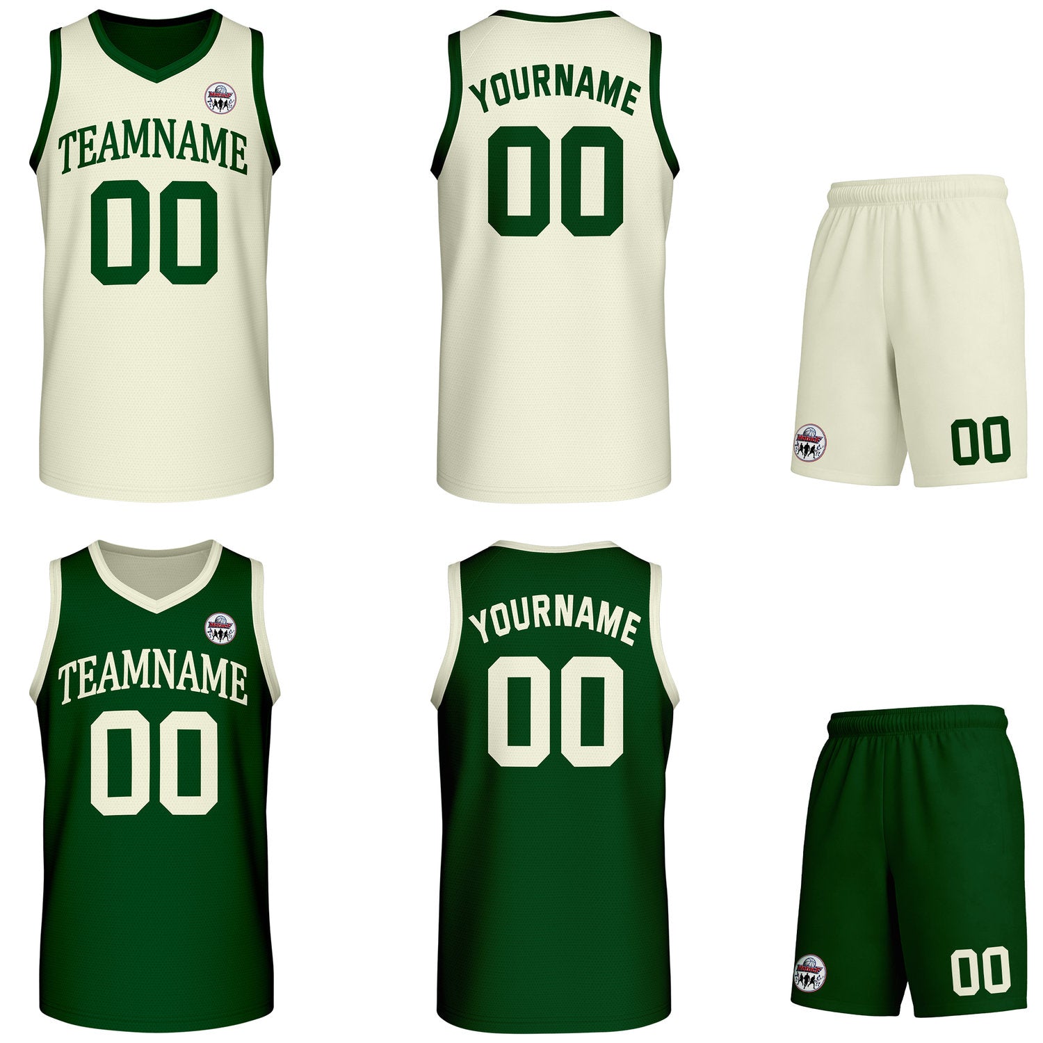 Custom dark green & cream Reversible basketball uniform set, personalized team name number logo breathable mesh jersey and shorts men women youth game practice - Vosoli