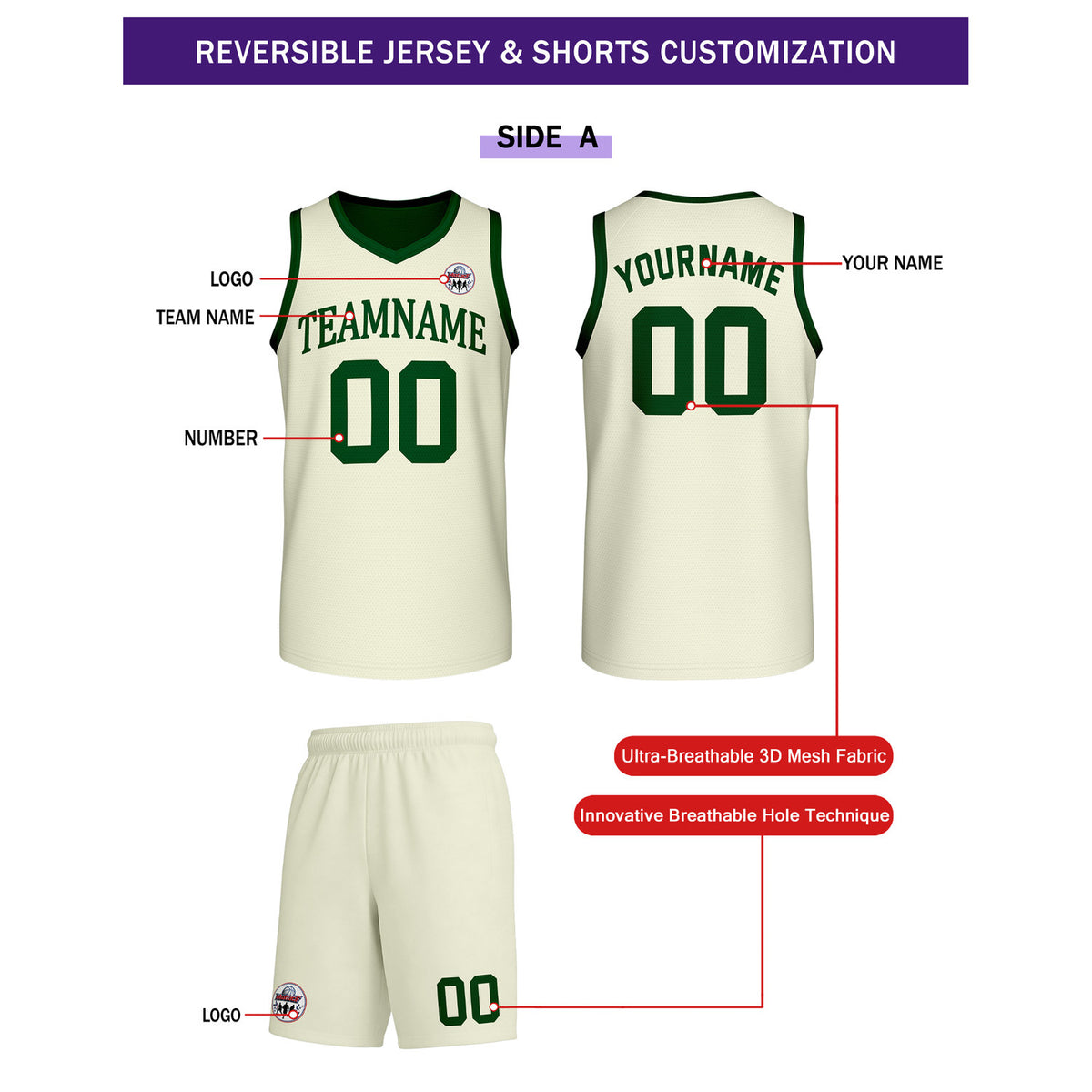 Custom Cream & Dark Green Reversible Basketball Uniform Set | Personalized Team Name & Number - Vosoli