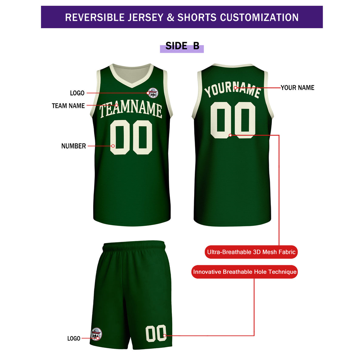 Custom Cream & Dark Green Reversible Basketball Uniform Set | Personalized Team Name & Number - Vosoli