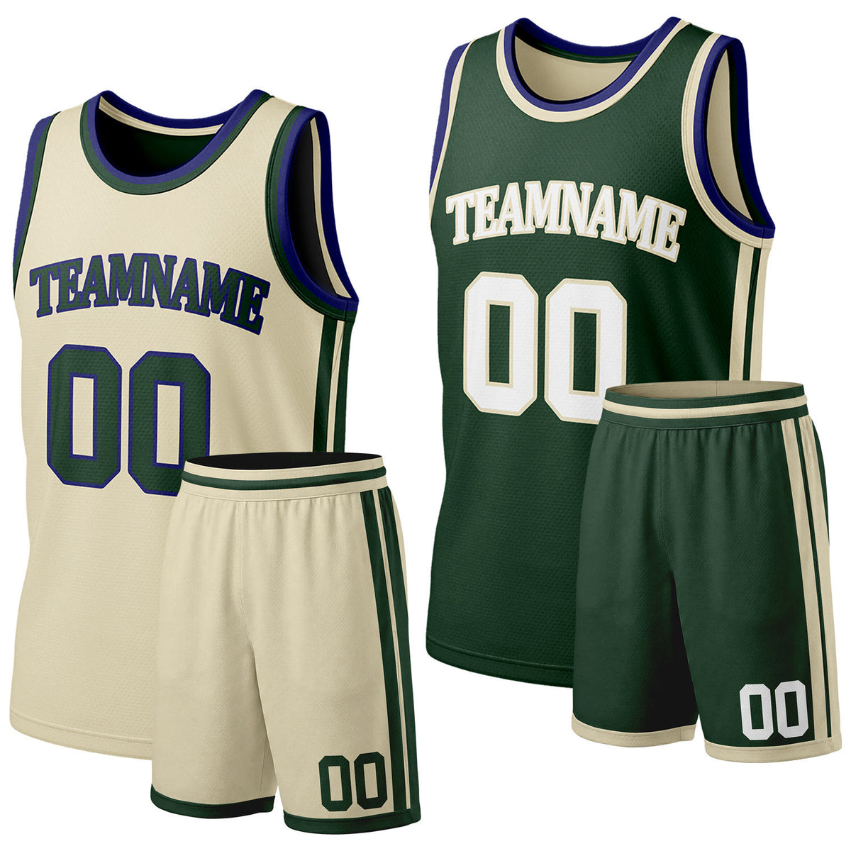 Custom cream &amp; dark green reversible basketball jersey shorts set by Vosoli | Personalized team name &amp; number full team uniform sportswear