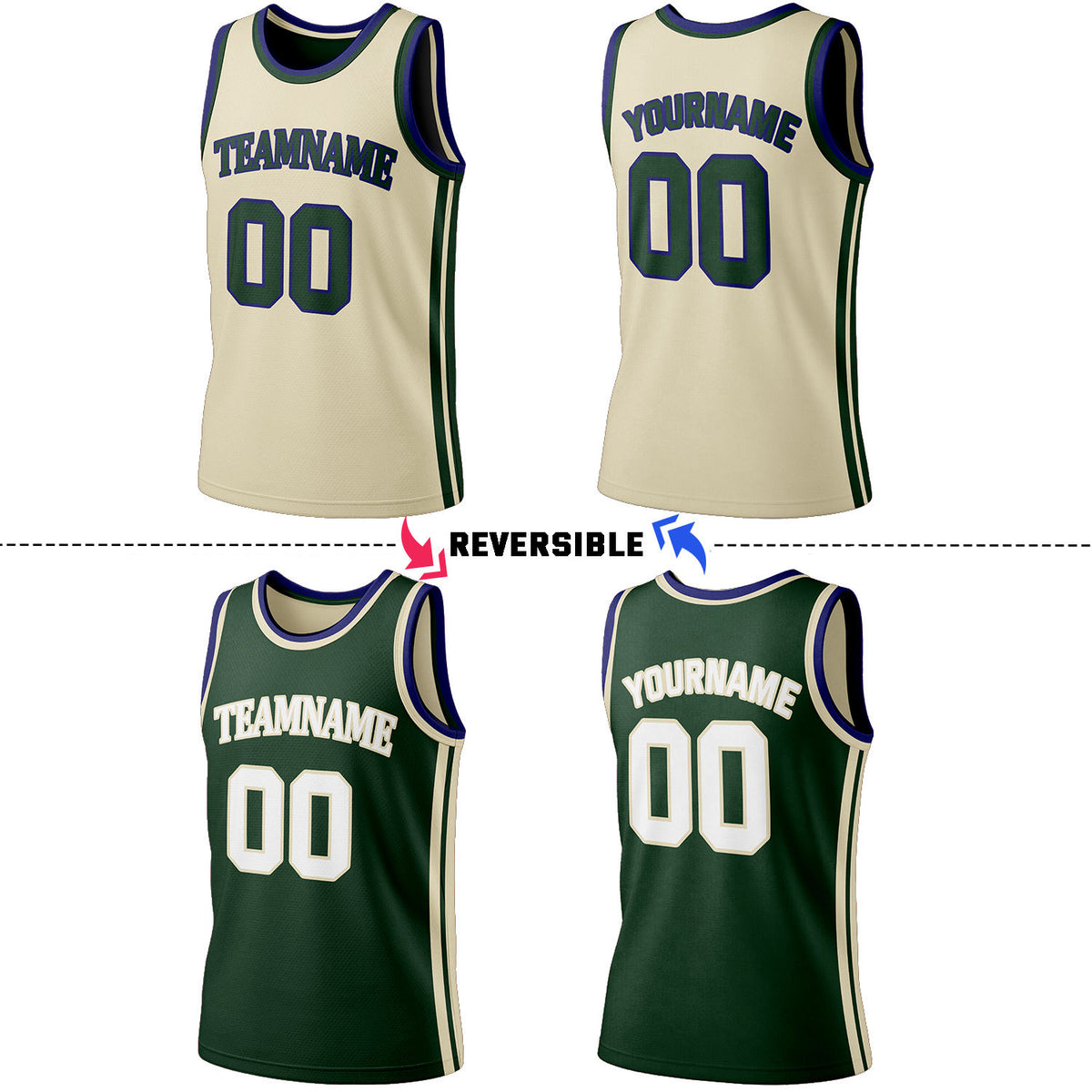 Custom Cream & Dark Green Reversible Basketball Jersey Shorts Set | Personalized Full Team Uniform