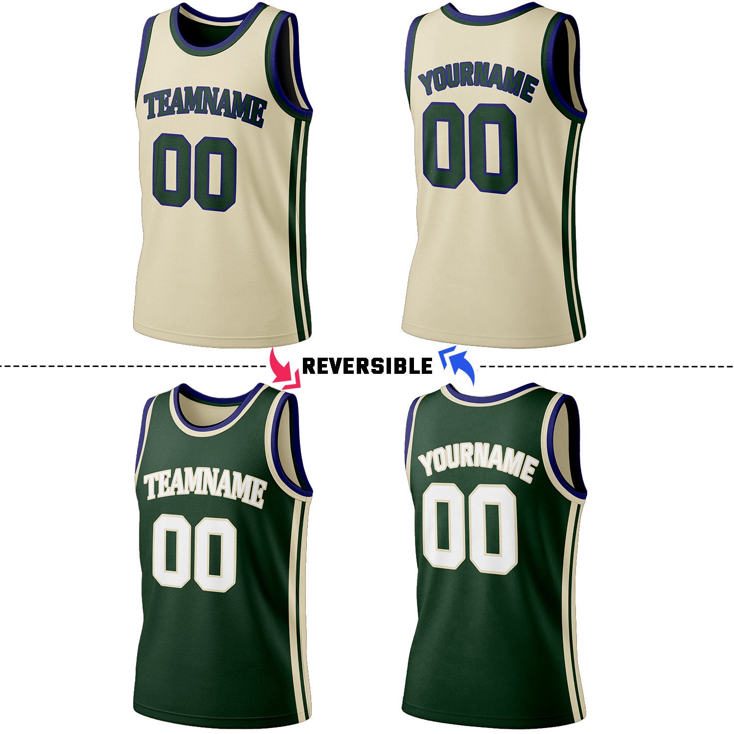 Custom Cream & Dark Green Reversible Basketball Jersey Shorts Set | Personalized Full Team Uniform