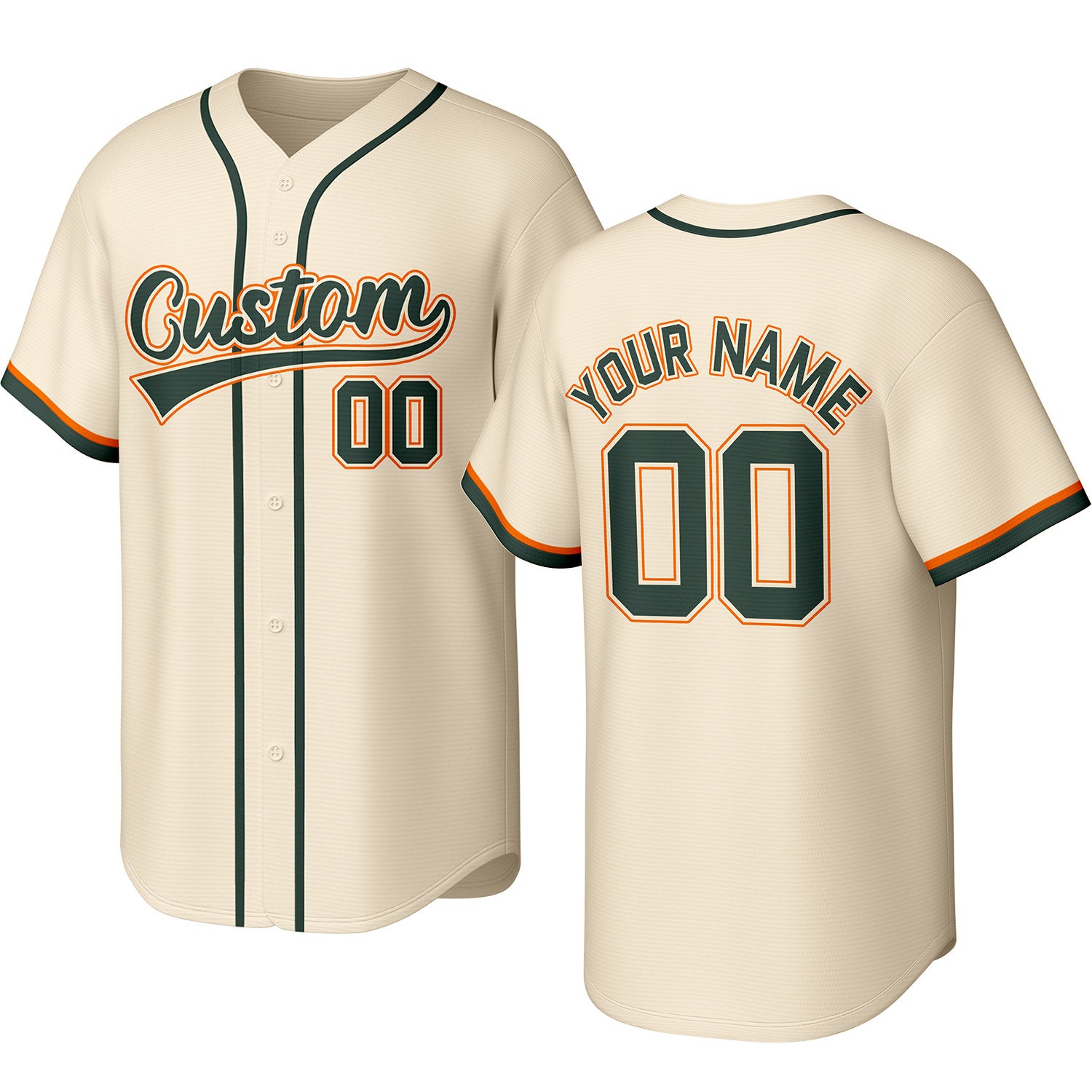 Custom cream, green & orange baseball jersey with logo, personalized name & number, button-front short-sleeve sports uniform for team men women youth game practice - Vosoli