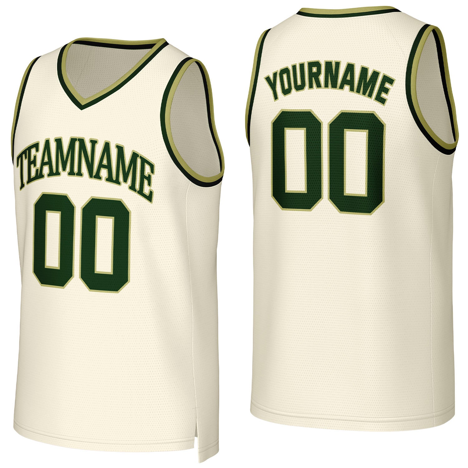 Custom cream & green basketball jersey by Vosoli | Personalized stitched team name, number & logo | Breathable mesh sport jersey
