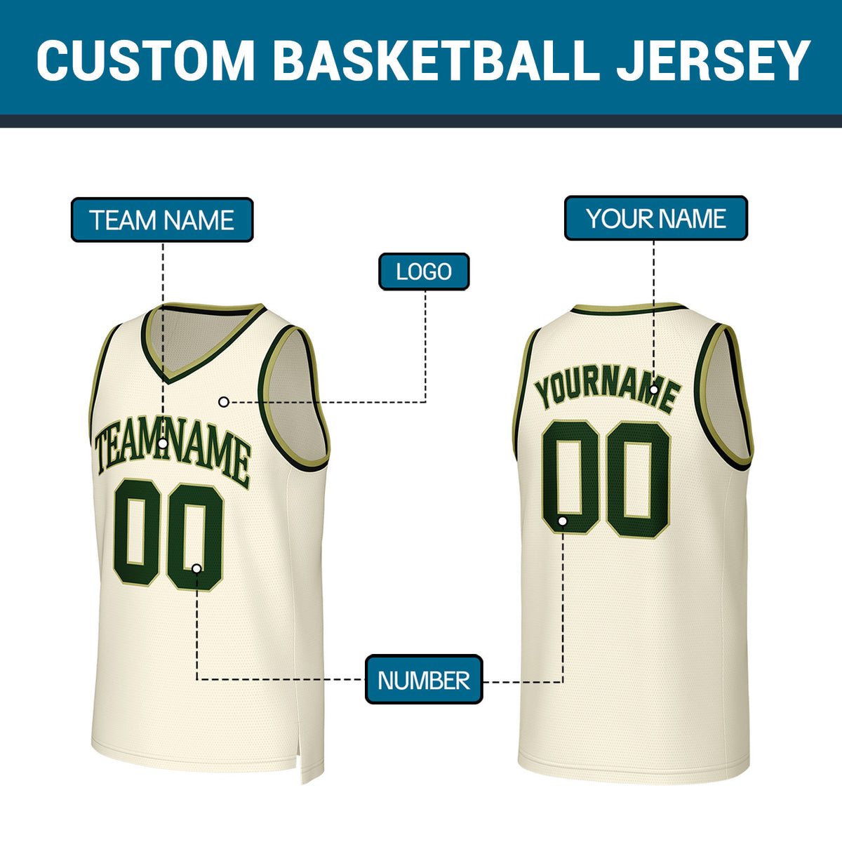 Custom Cream Green Stitched Basketball Jersey | Personalized Name Number Logo Mesh Sports Jersey