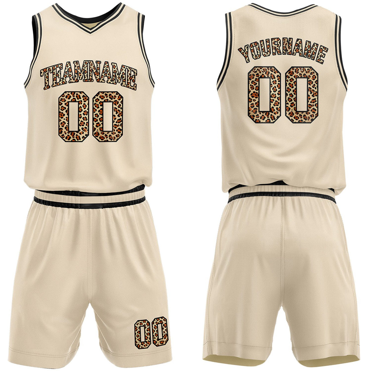 Custom cream leopard accent basketball jersey &amp; shorts set by Vosoli | Personalized team name &amp; number sportswear