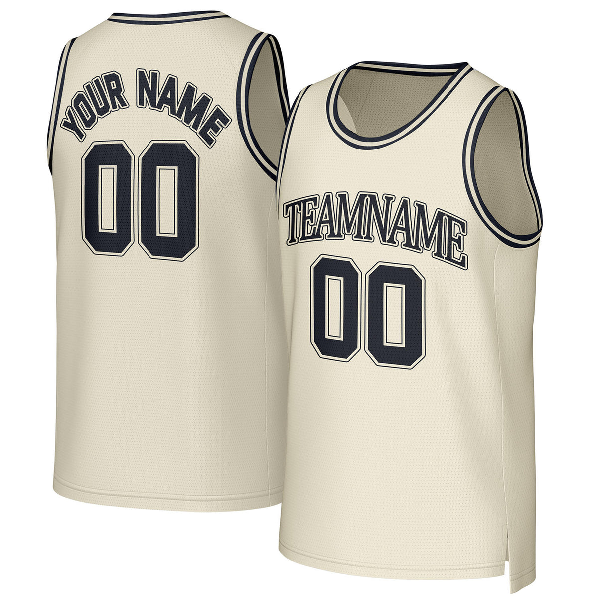Custom cream & navy blue basketball jersey by Vosoli. Personalized with team name, player name, number, and logo. Breathable mesh jersey for high school, college, AAU teams.