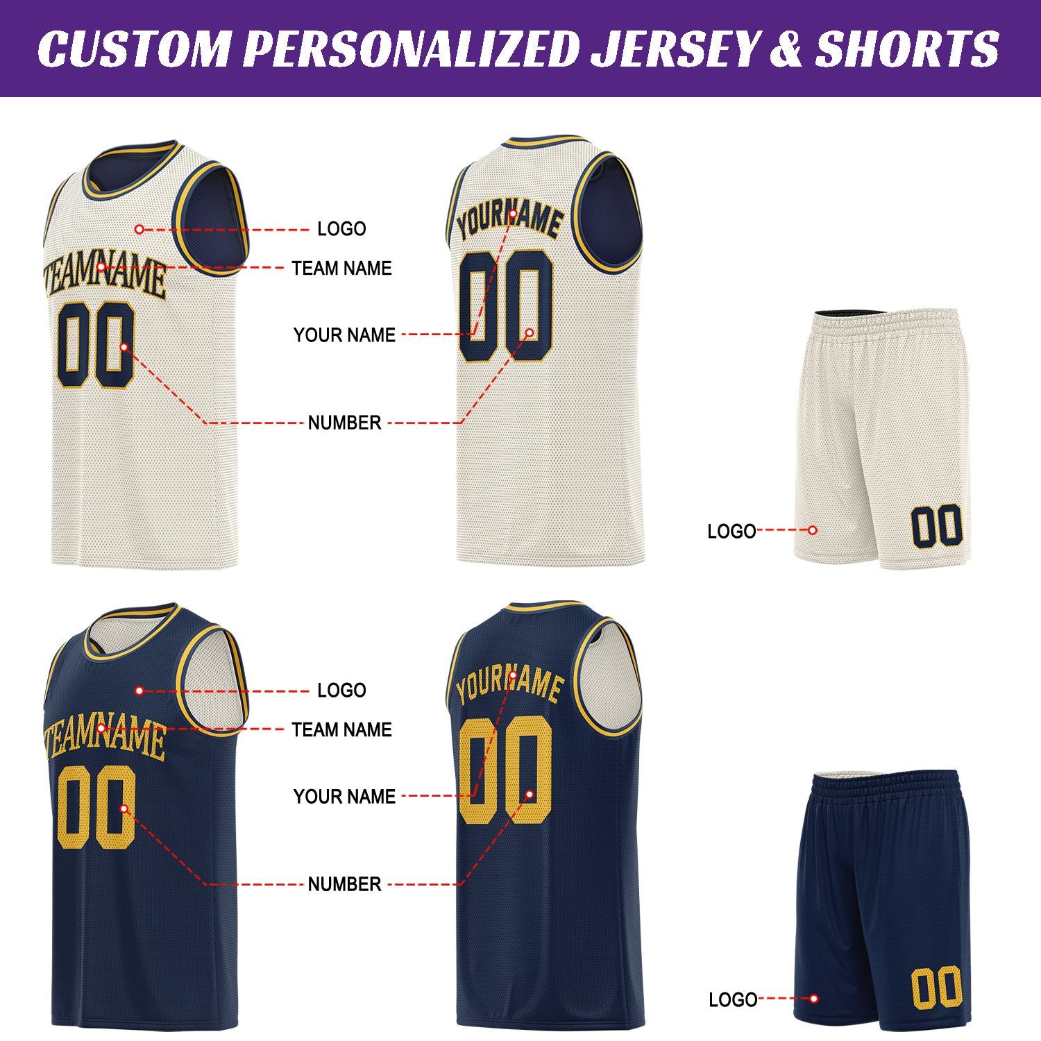 Custom cream, navy & gold basketball jersey set, personalized name number team logo, sleeveless jersey with matching shorts sports uniform for men women youth adult game practice - Vosoli