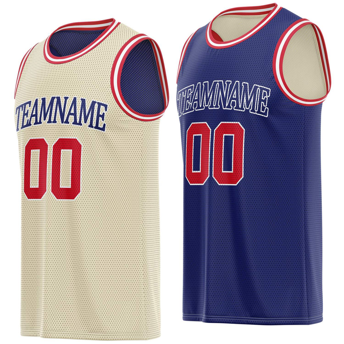 Custom cream &amp; navy reversible basketball jersey, personalized team name number breathable mesh sports top with red trim for men women youth game practice - Vosoli