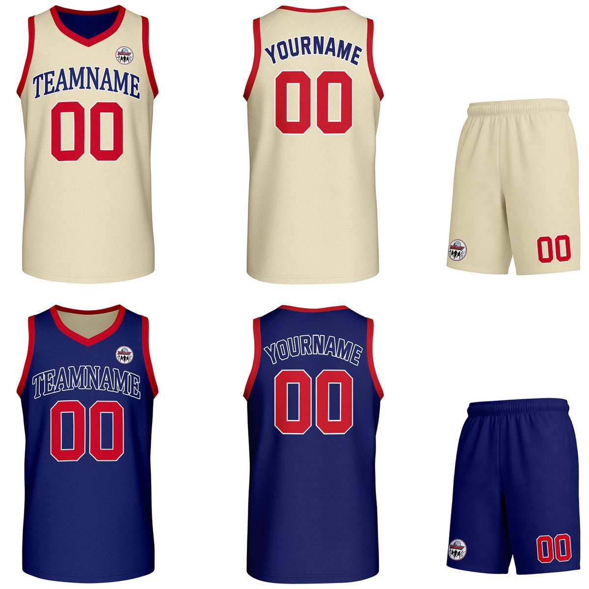 Custom cream &amp; navy Reversible basketball uniform set, personalized team name number logo breathable mesh jersey and shorts men women youth game practice - Vosoli