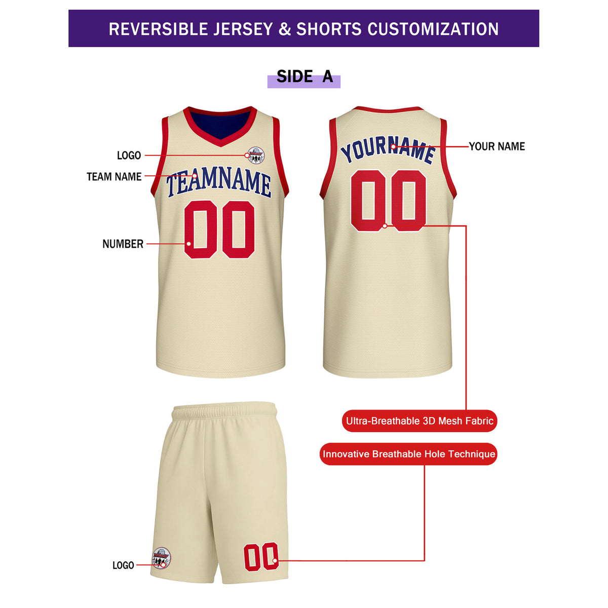 Custom Cream & Navy Reversible Basketball Uniform Set | Personalized Team Name & Number - Vosoli