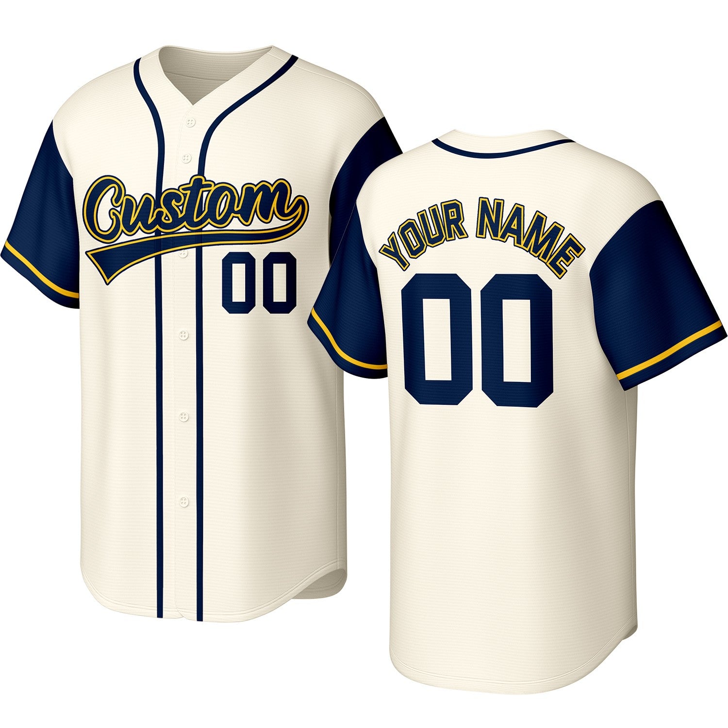 Custom cream, navy & yellow baseball jersey with stitched logo, personalized name & number, button-front short-sleeve sports uniform for team men women youth game practice - Vosoli