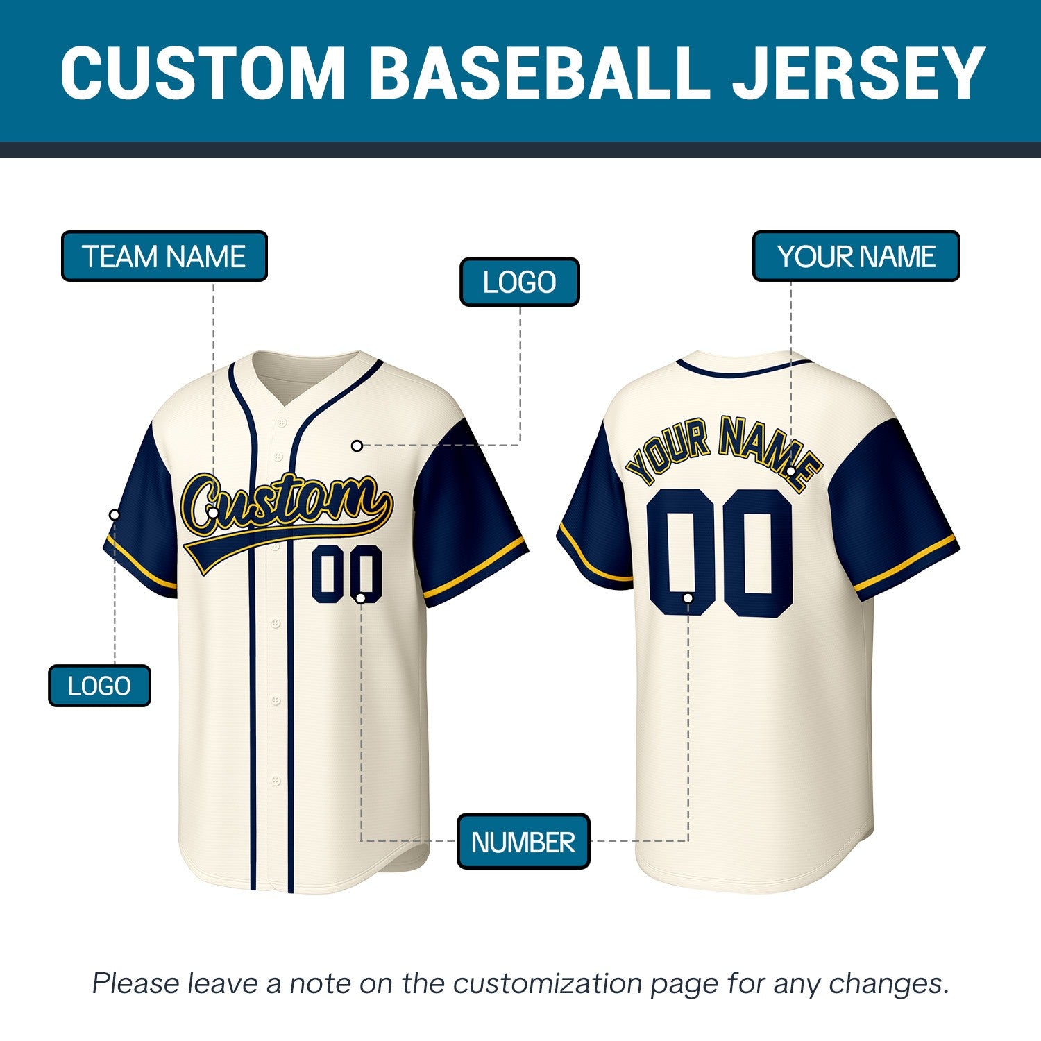 Custom Stitched Baseball Jersey Cream Navy Yellow | Personalized Name & Number | Team Uniform