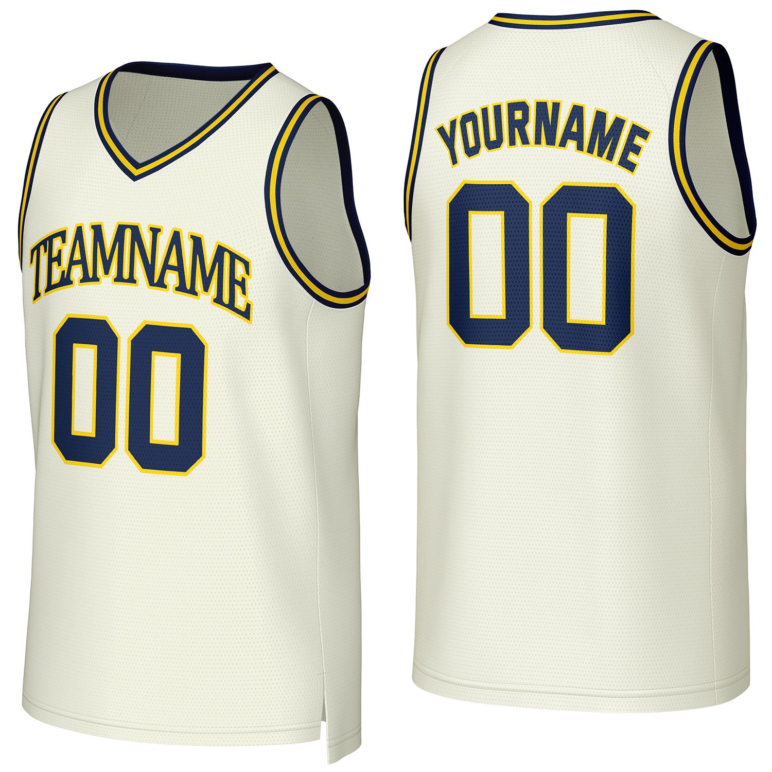 Custom cream-navy-yellow V-neck mesh basketball jersey by Vosoli | Personalized name & number team uniform for youth & adults