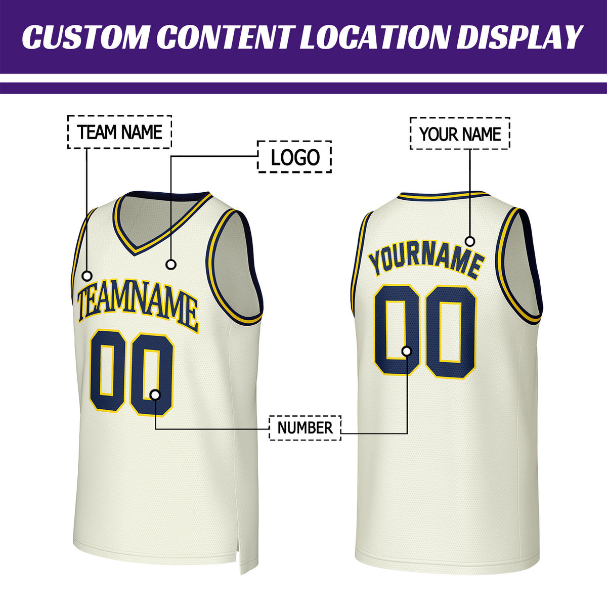 Custom Cream & Navy Yellow Mesh Basketball Jersey | Personalized Team Uniform for youth & adults