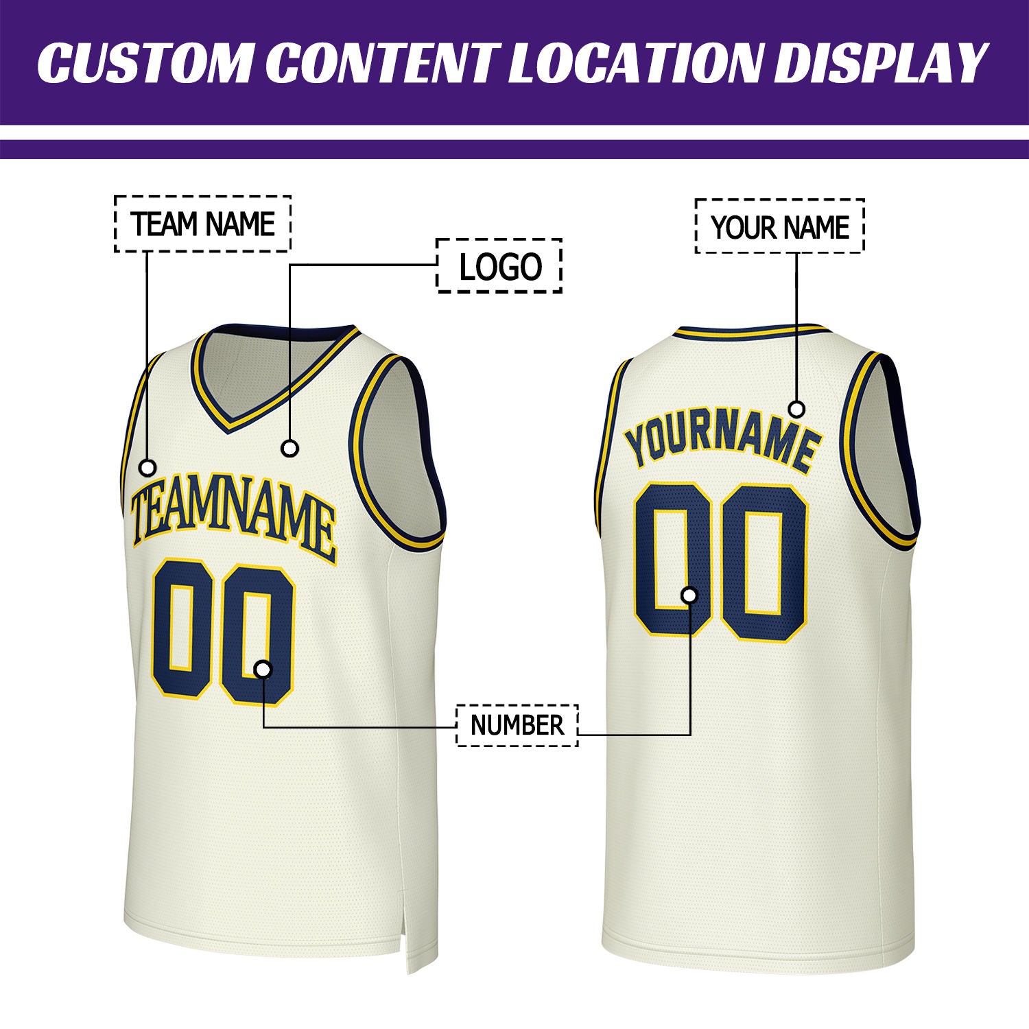 Custom Cream & Navy Yellow Mesh Basketball Jersey | Personalized Team Uniform for youth & adults