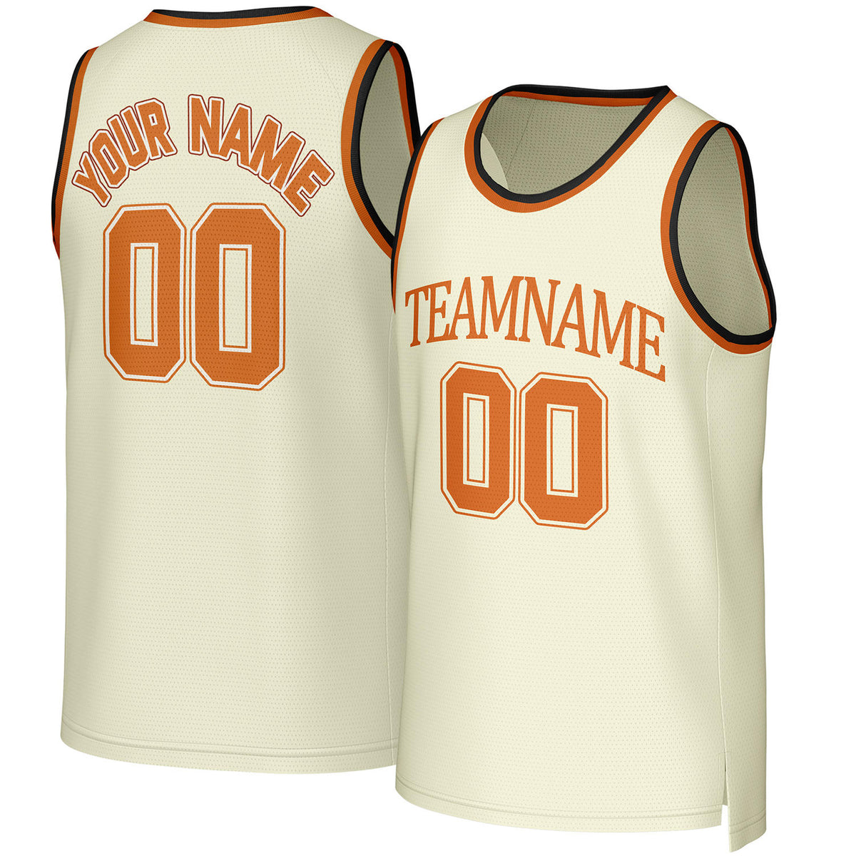 Custom cream & orange basketball jersey by Vosoli. Personalized with team name, player name, number, and logo. Breathable mesh jersey for high school, college, AAU teams.
