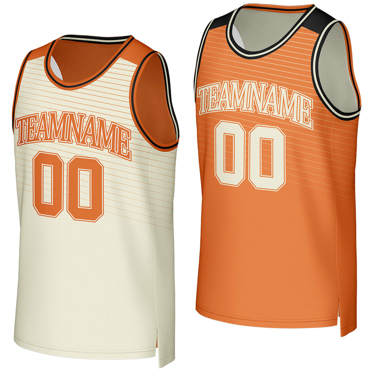 Custom cream & orange reversible basketball jersey by Vosoli. Personalized with team name, player name, number, and logo on both sides. Breathable mesh 2-in-1 jersey for high school, college, AAU teams.
