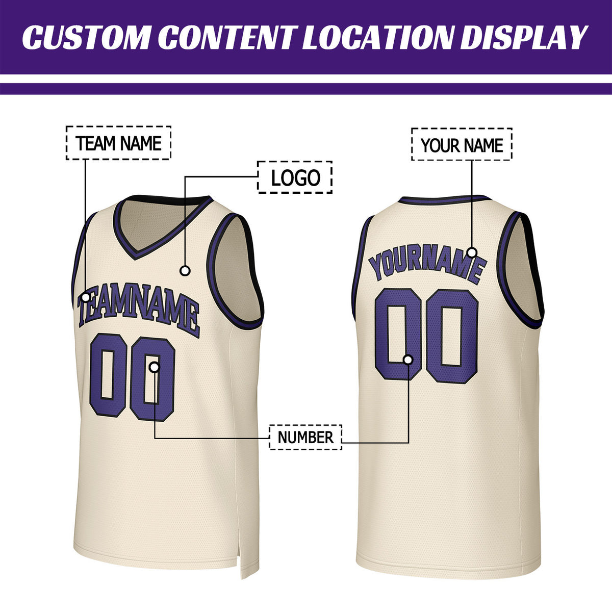 Custom Cream & Purple Basketball Jersey | Personalized Name & Number Team Uniform