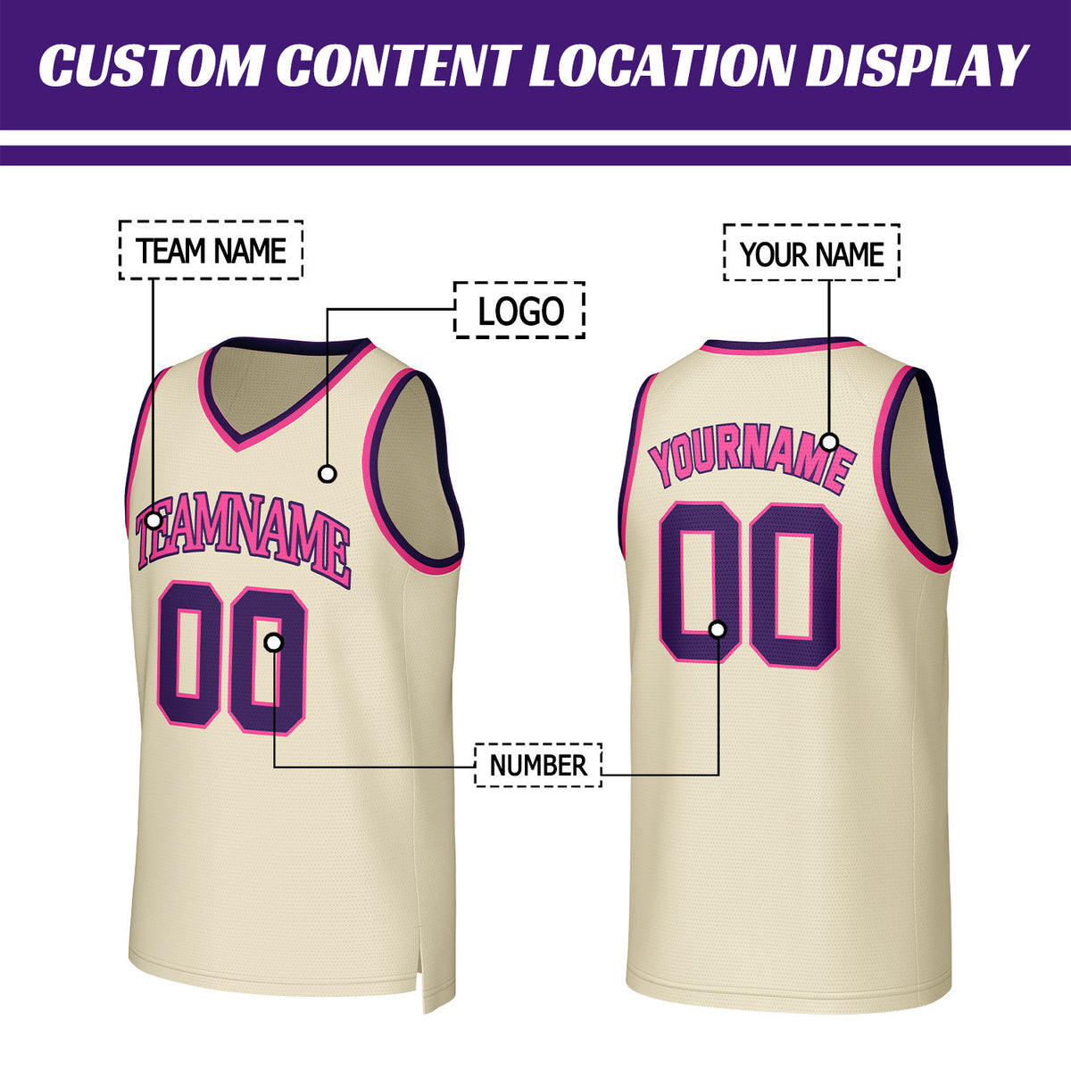 Custom Cream & Purple Mesh Basketball Jersey | Personalized Name & Number Team Uniform