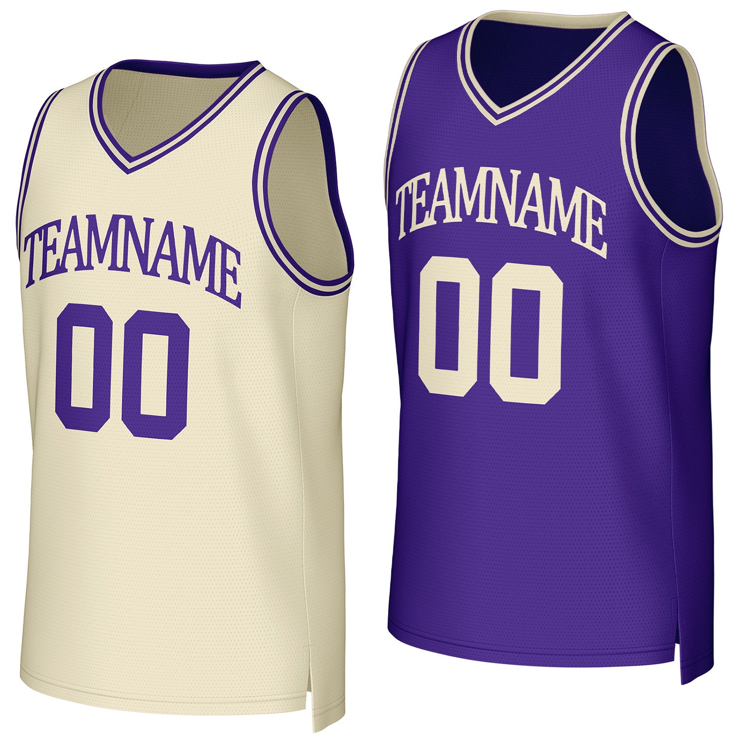 Custom cream & purple reversible basketball jersey by Vosoli | Personalized team name & number sportswear
