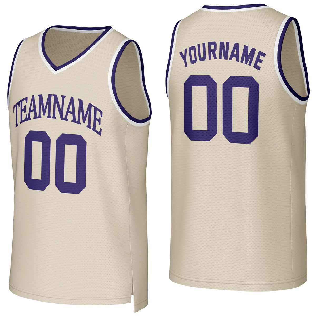 Custom cream &amp; purple basketball jersey by Vosoli | Personalized stitched team name, number &amp; logo | Breathable mesh sport jersey