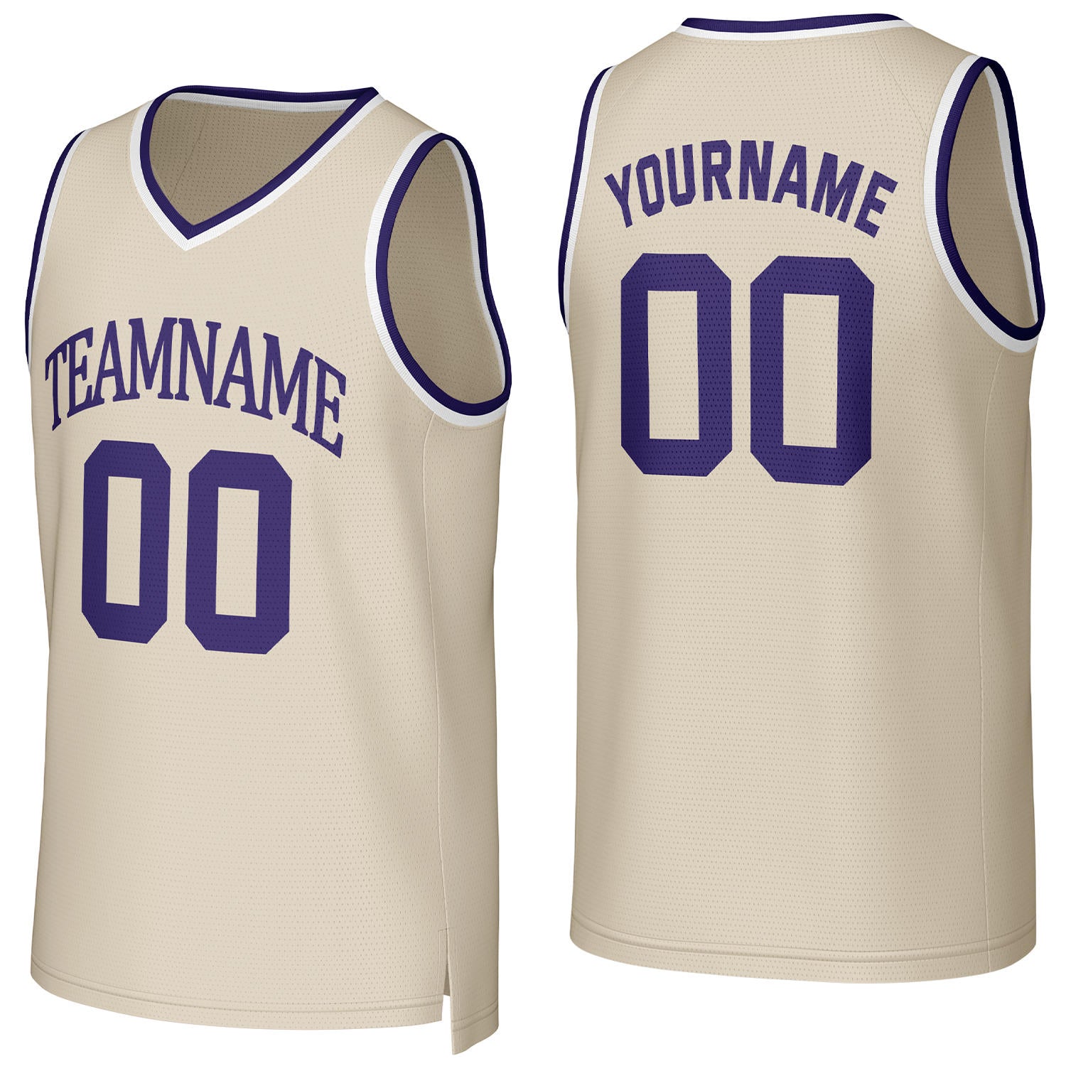 Custom cream & purple basketball jersey by Vosoli | Personalized stitched team name, number & logo | Breathable mesh sport jersey