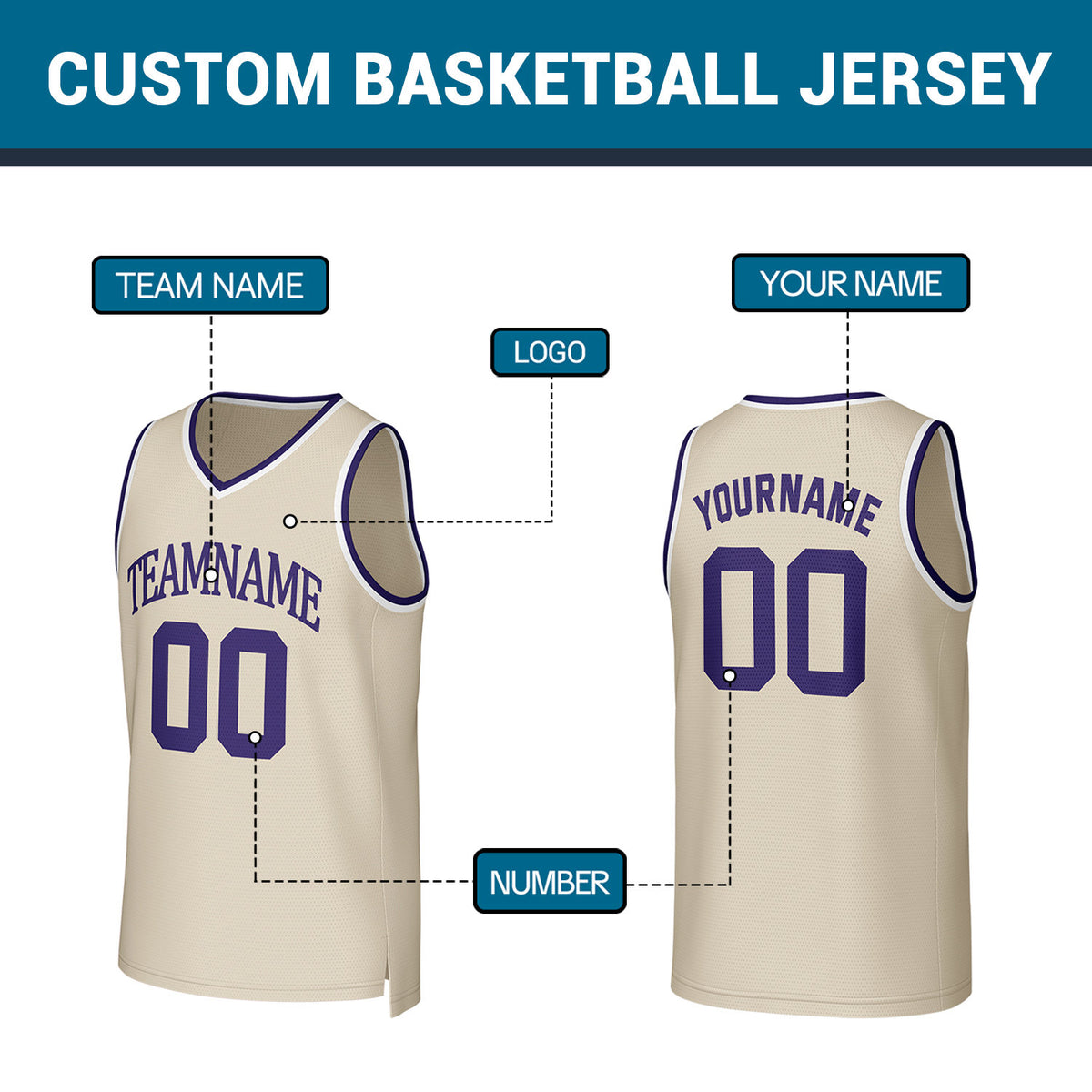 Custom Cream Purple Stitched Basketball Jersey | Personalized Name Number Logo Mesh Sports Jersey