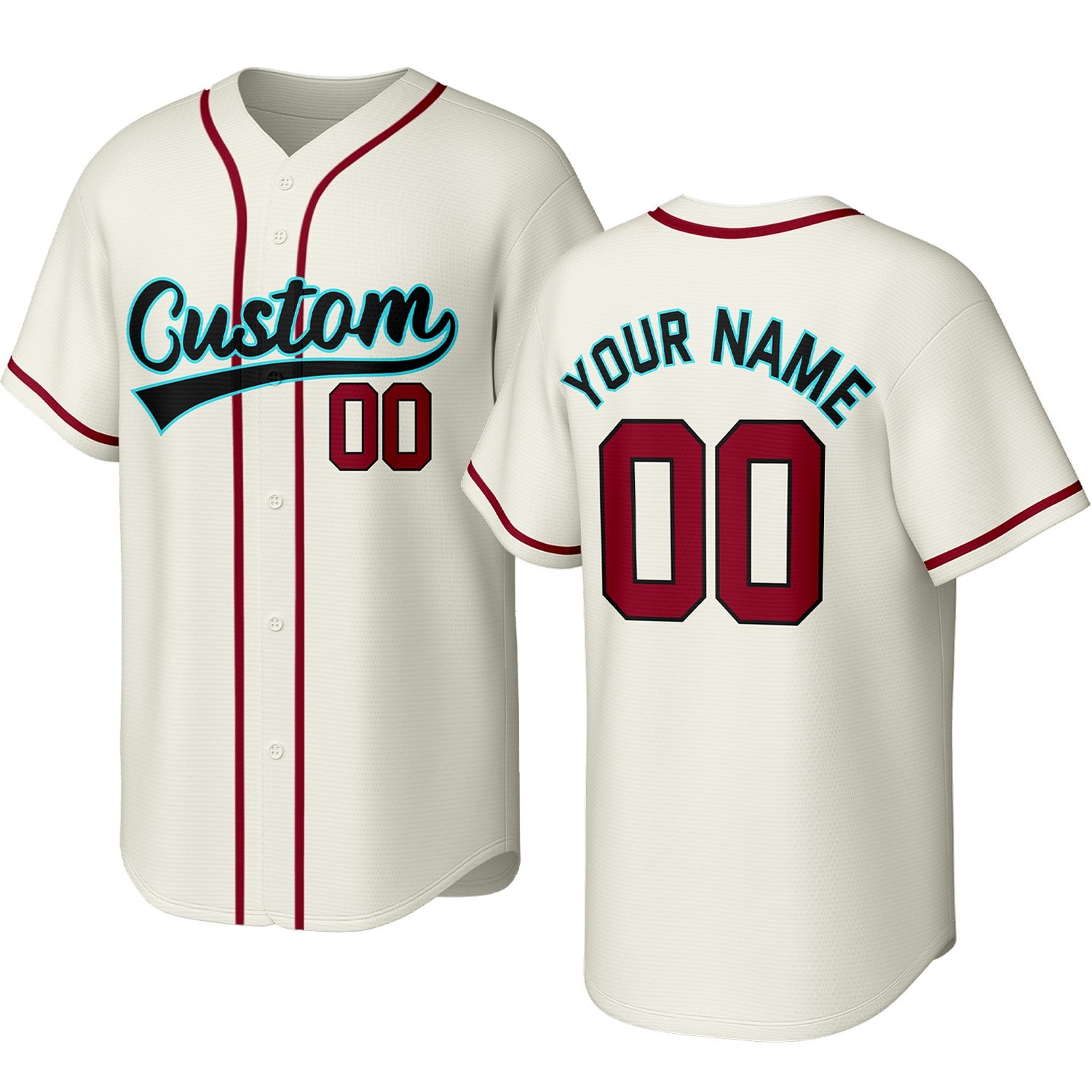 Custom cream, red & aqua baseball jersey with logo, personalized name & number, button-front short-sleeve sports uniform for team men women youth game practice - Vosoli