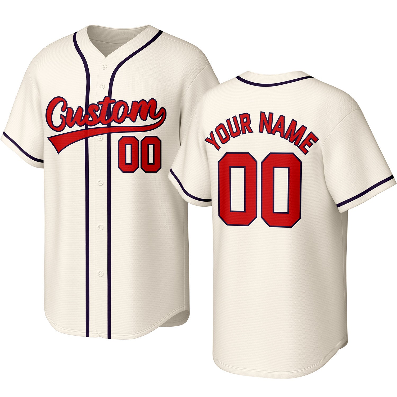 Custom cream, red & navy baseball jersey with stitched logo, personalized name & number, button-front short-sleeve sports uniform for team men women youth game practice - Vosoli