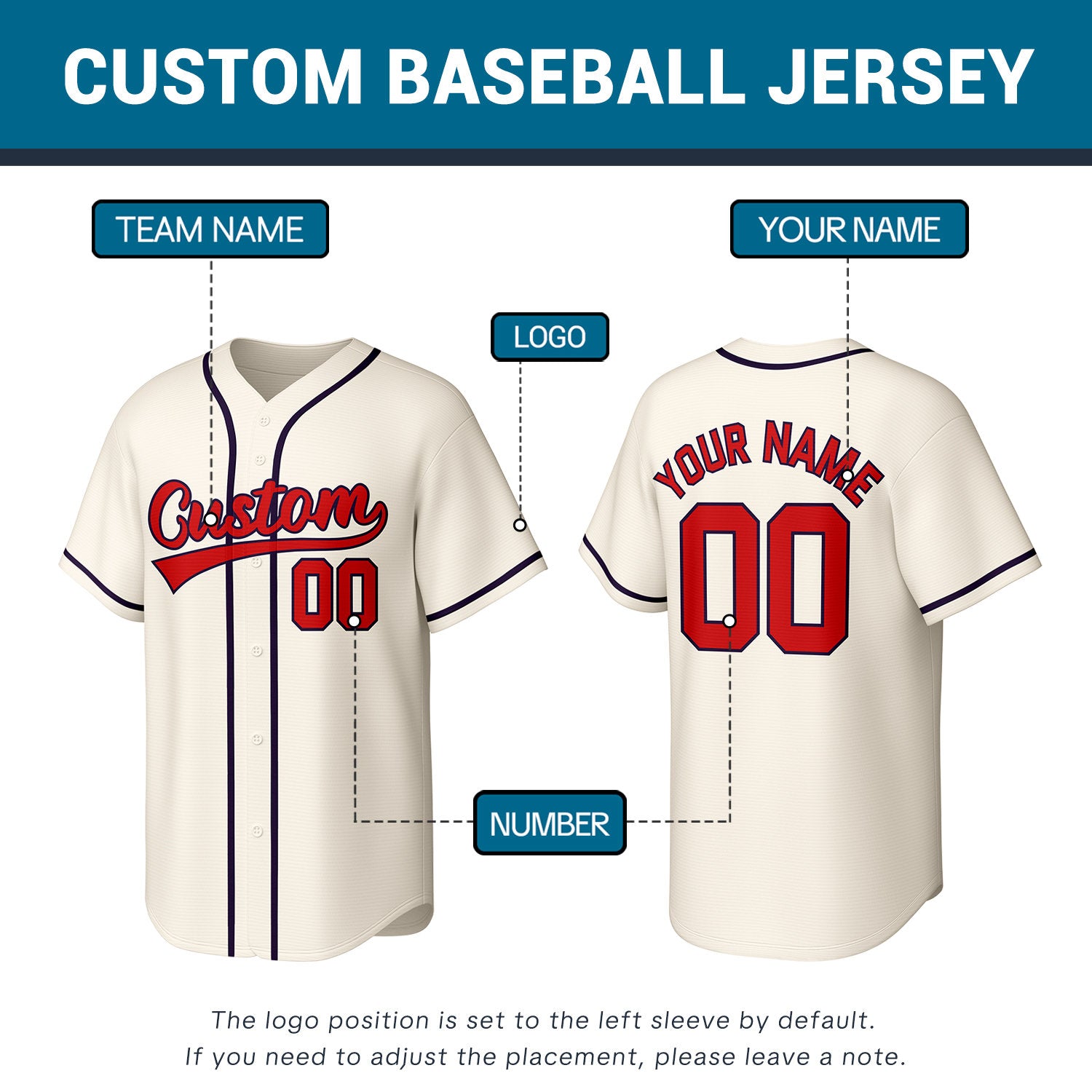 Custom Stitched Baseball Jersey Cream Red Navy | Personalized Name & Number | Team Uniform