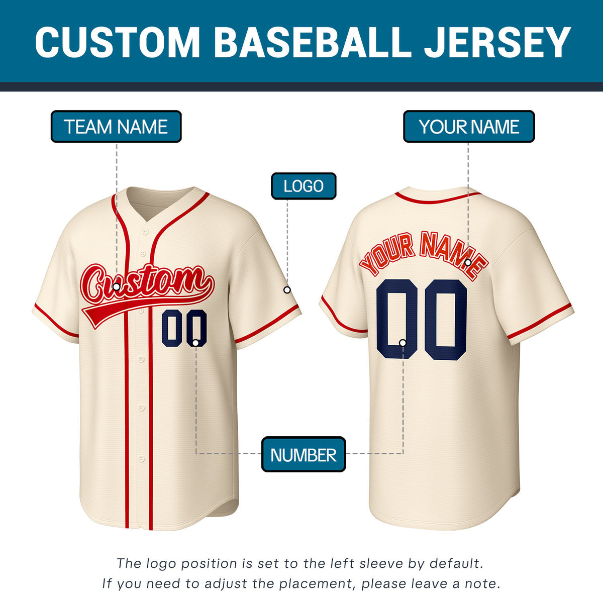 Custom Stitched Baseball Jersey Cream Red Navy | Personalized Name & Number | Team Uniform