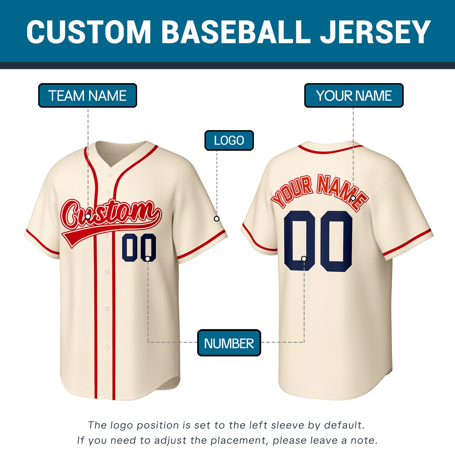 Custom Stitched Baseball Jersey Cream Red Navy | Personalized Name & Number | Team Uniform