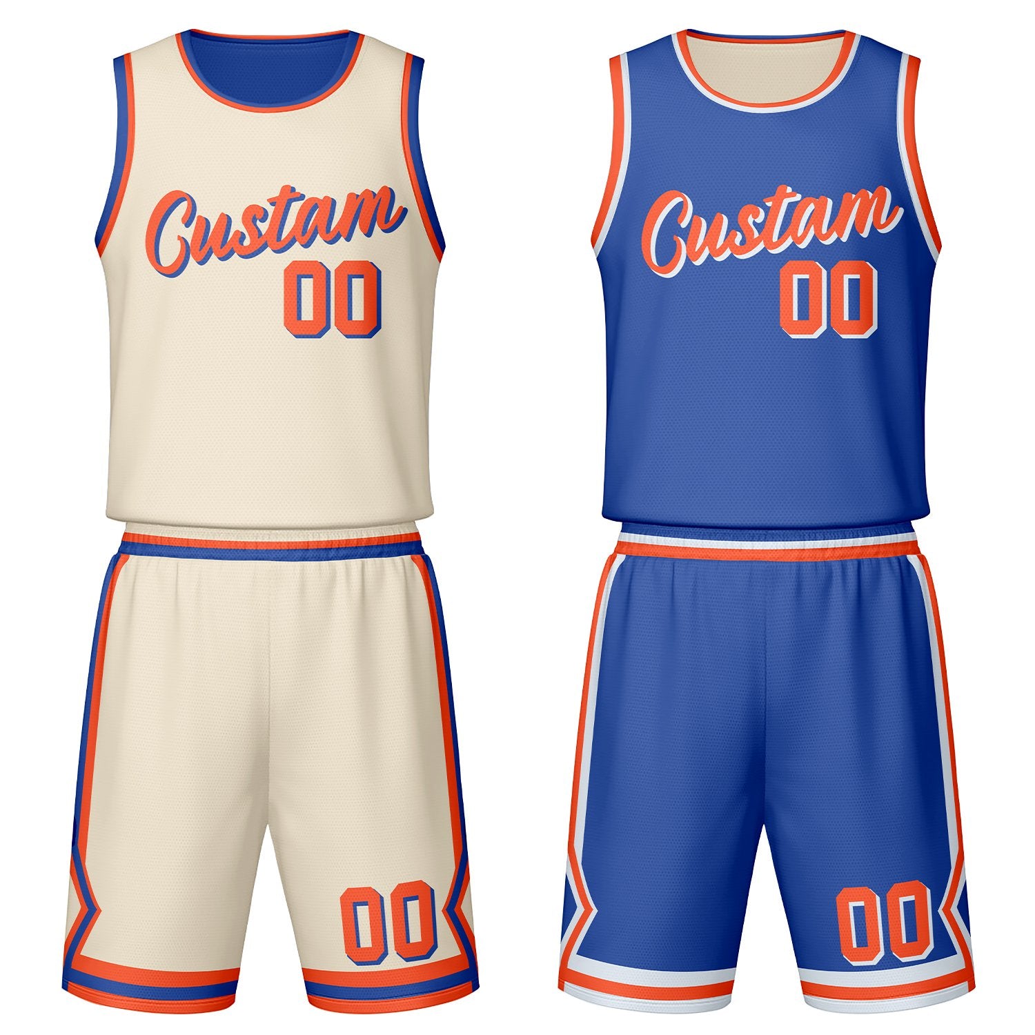 Custom cream & royal blue reversible basketball jersey set with shorts by Vosoli | Personalized team name, number & logo | Breathable mesh sport jersey uniform