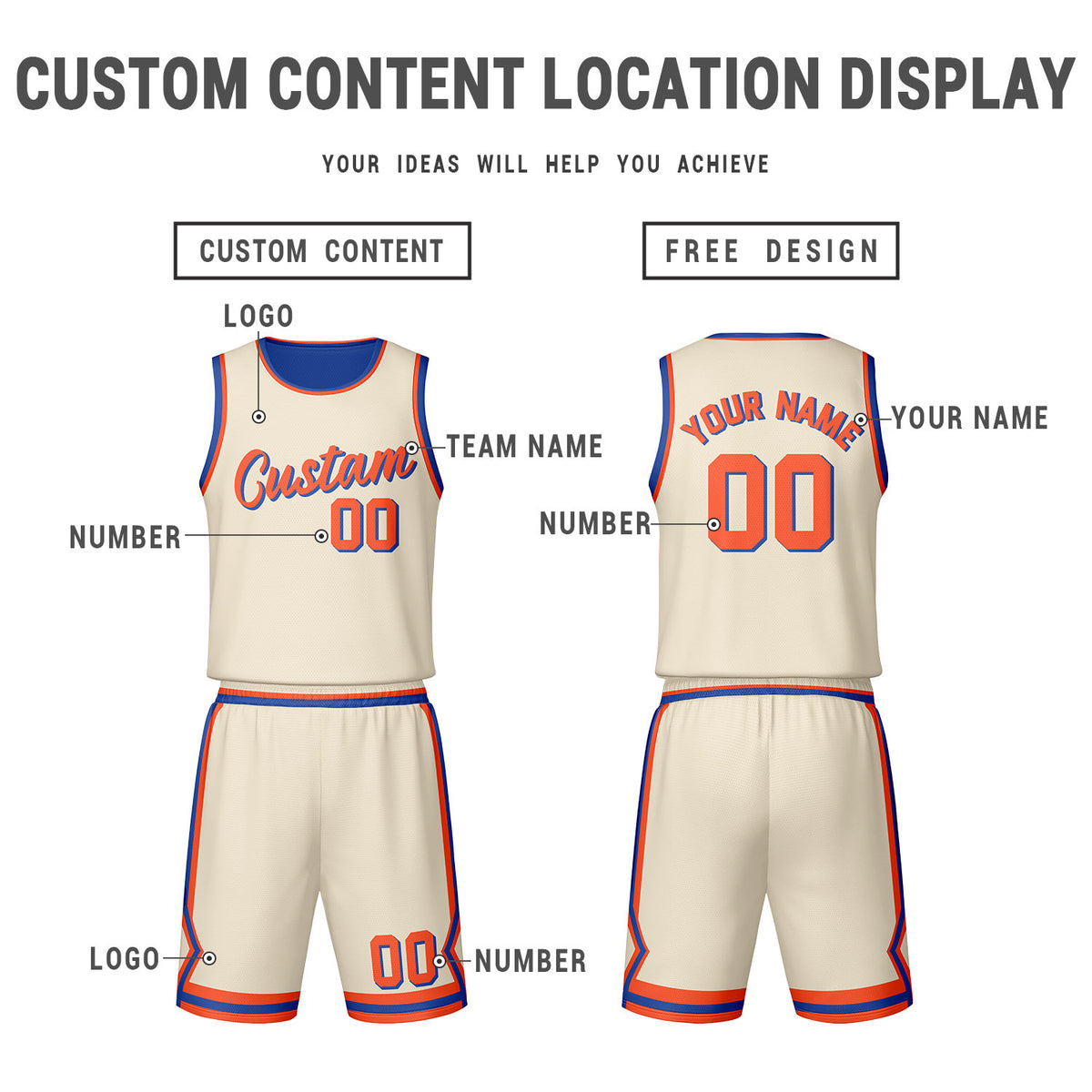 Custom Cream Royal Blue Reversible Basketball Jersey Set | Personalized Name Number Mesh Sports Uniform