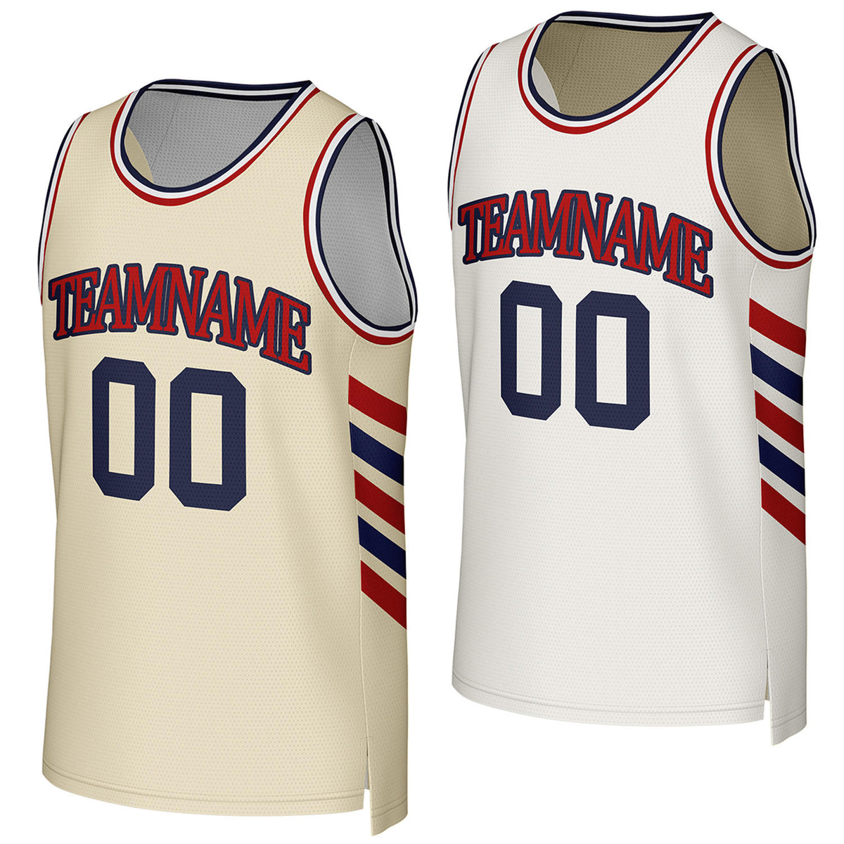 Custom cream & white reversible basketball jersey by Vosoli. Personalized with team name, player name, number, and logo on both sides. Breathable mesh 2-in-1 jersey for high school, college, AAU teams.
