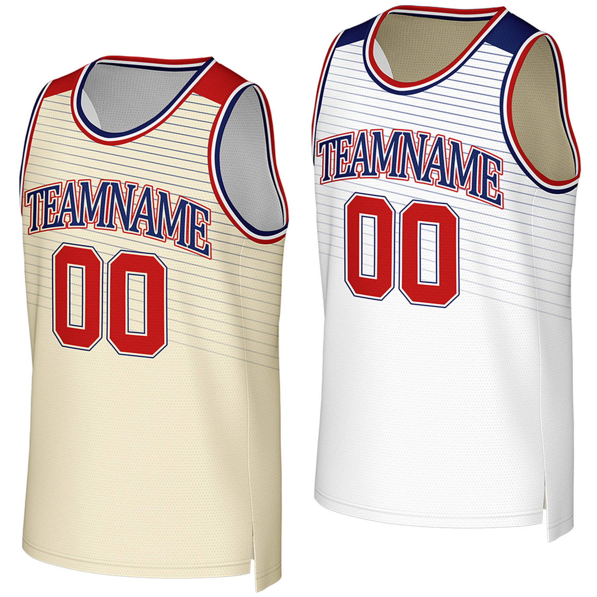 Custom cream & white reversible basketball jersey by Vosoli. Personalized with team name, player name, number, and logo on both sides. Breathable mesh 2-in-1 jersey for high school, college, AAU teams.