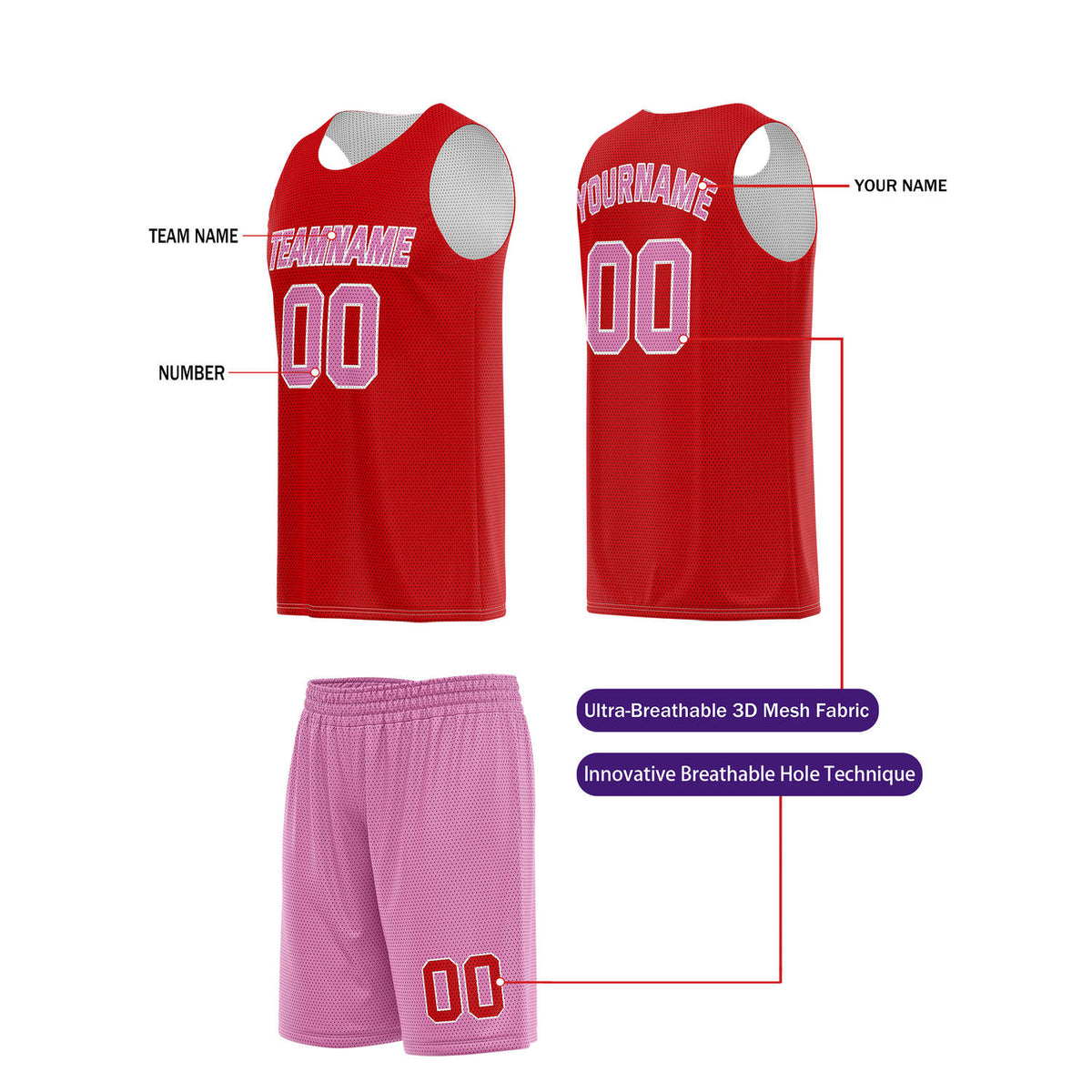 Custom Crimson Red & Light Pink Basketball Jersey + Shorts Set - Personalized Team Name, Number | Vosoli