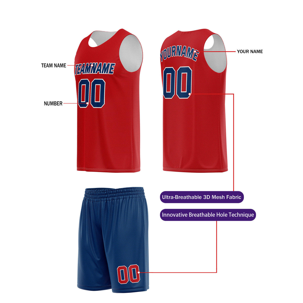 Custom Crimson Red & Royal Blue Basketball Jersey + Shorts Set - Personalized Team Name, Number | Vosoli