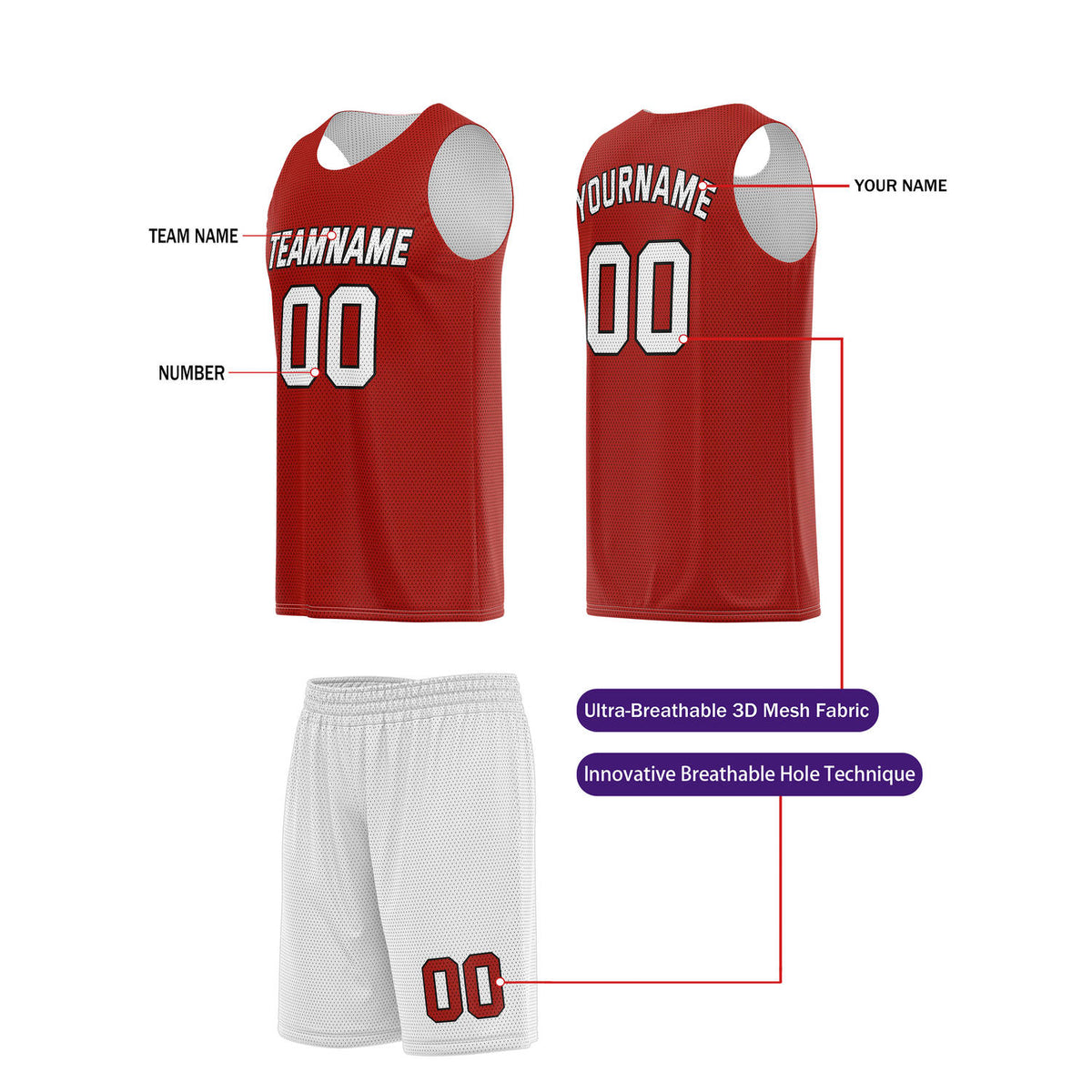 Custom Crimson Red & White Basketball Jersey + Shorts Set - Personalized Team Name, Number | Vosoli