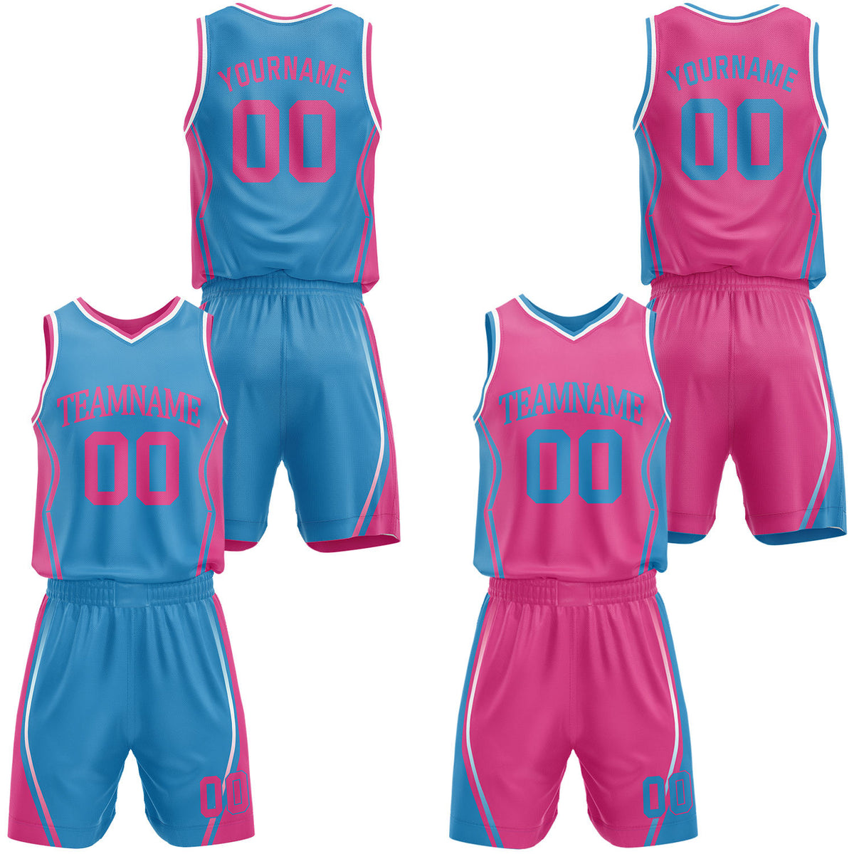 Custom cyan &amp; hot pink reversible basketball jersey shorts set by Vosoli | Personalized block team name number geometric uniform sportswear