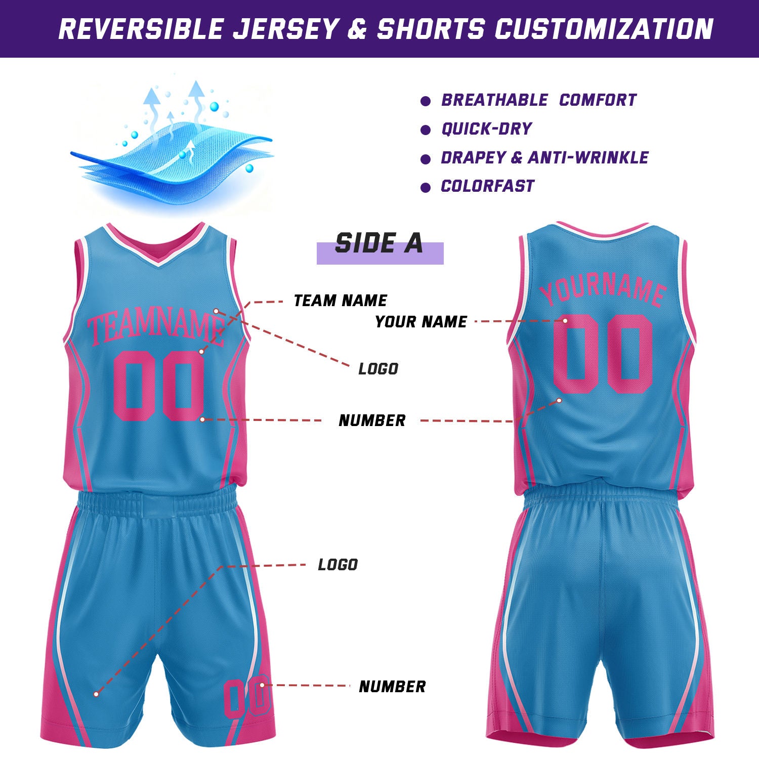 Custom Cyan & Hot Pink Reversible Geometric Basketball Jersey Shorts Set | Personalized Team Uniform