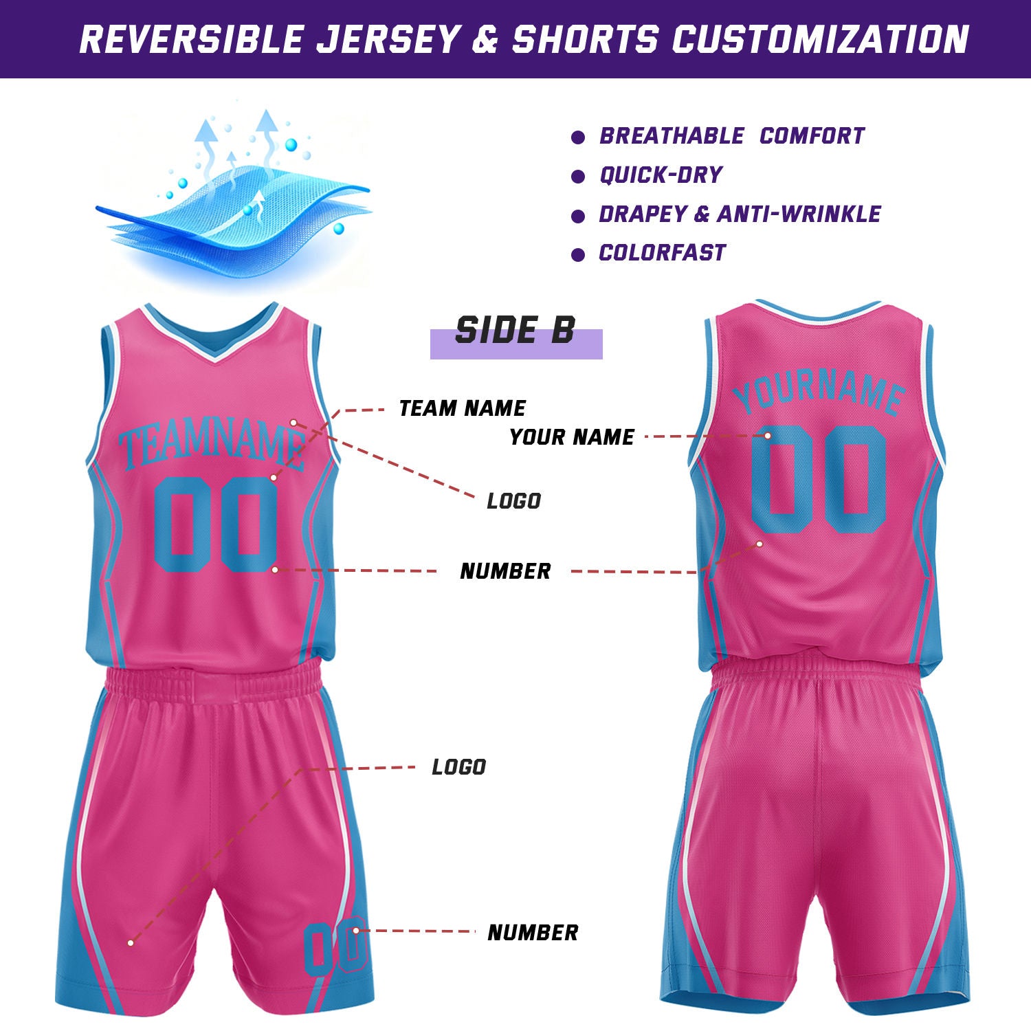 Custom Cyan & Hot Pink Reversible Geometric Basketball Jersey Shorts Set | Personalized Team Uniform