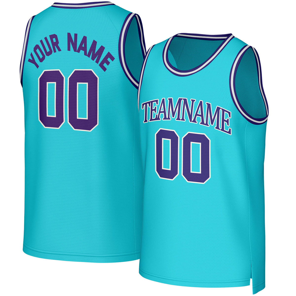 Custom cyan & purple basketball jersey by Vosoli. Personalized with team name, player name, number, and logo. Breathable mesh jersey for high school, college, AAU teams.