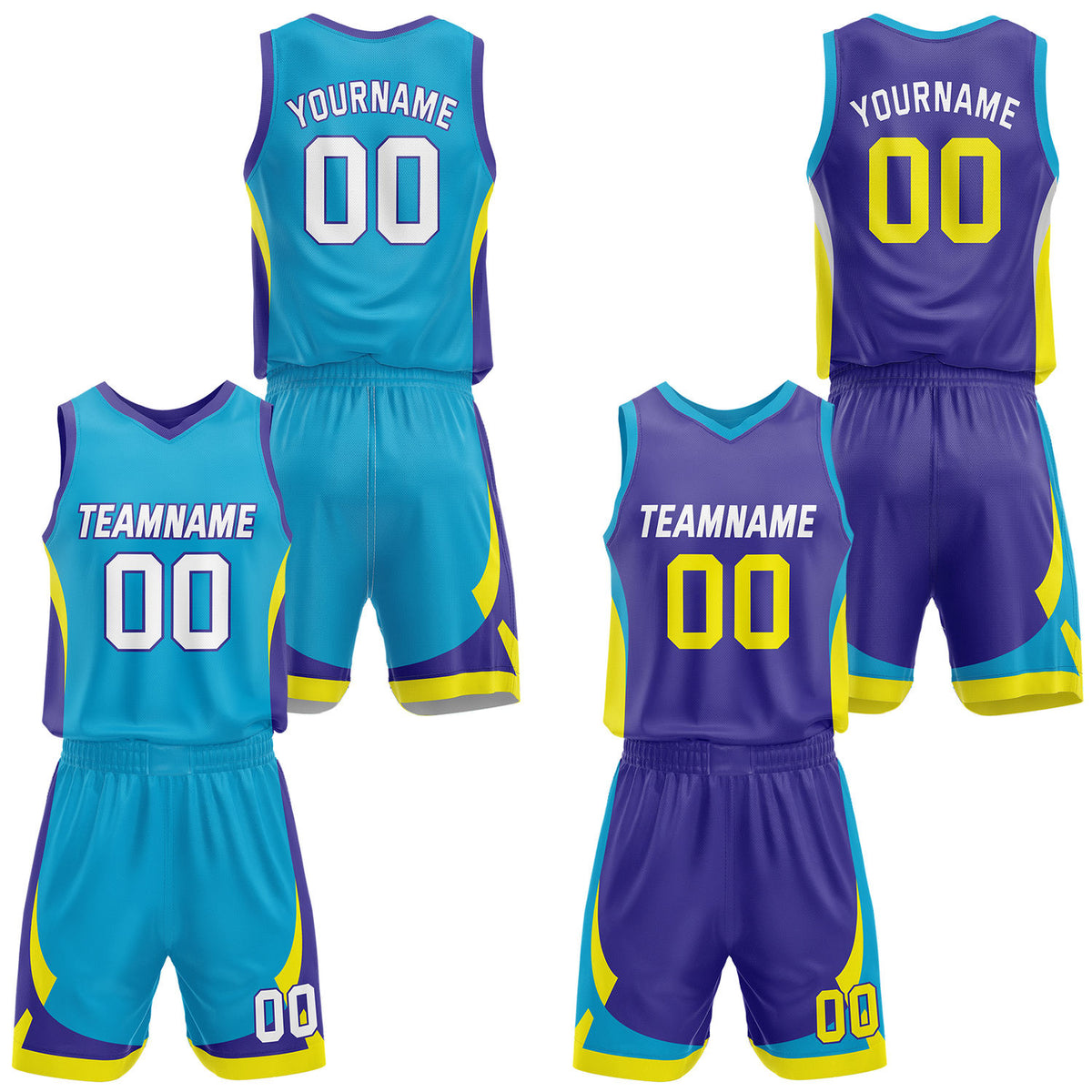 Custom cyan &amp; purple reversible basketball jersey set with shorts by Vosoli | Personalized team name, number &amp; logo | Breathable mesh sport jersey uniform