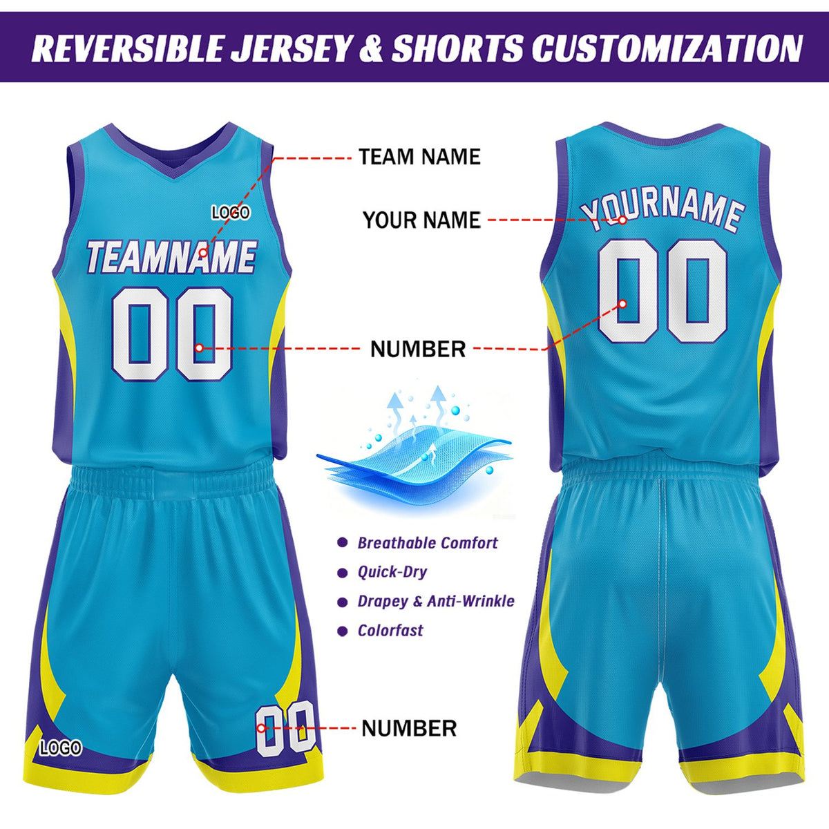 Custom Cyan Purple Reversible Basketball Jersey Set | Personalized Name Number Mesh Sports Uniform