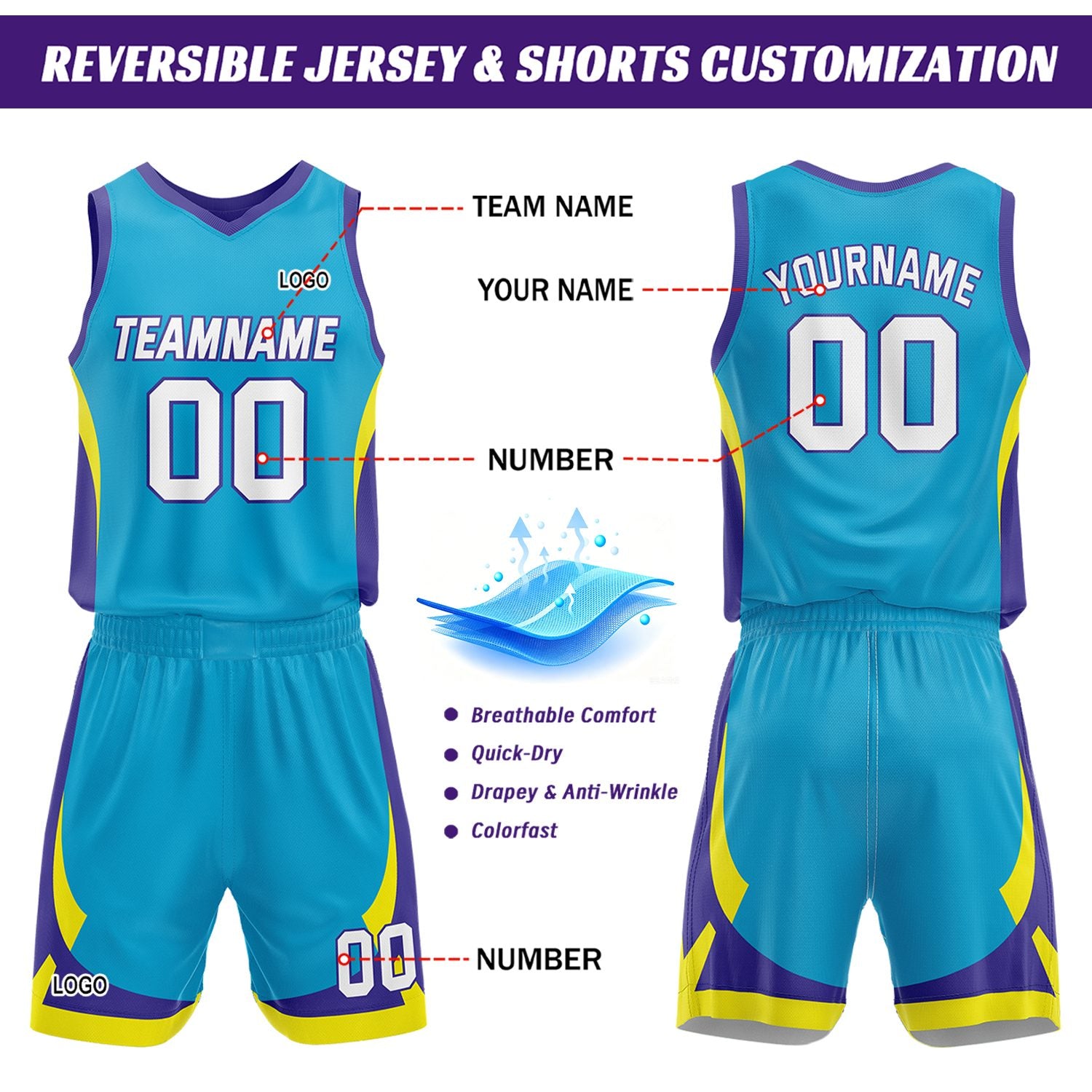 Custom Cyan Purple Reversible Basketball Jersey Set | Personalized Name Number Mesh Sports Uniform