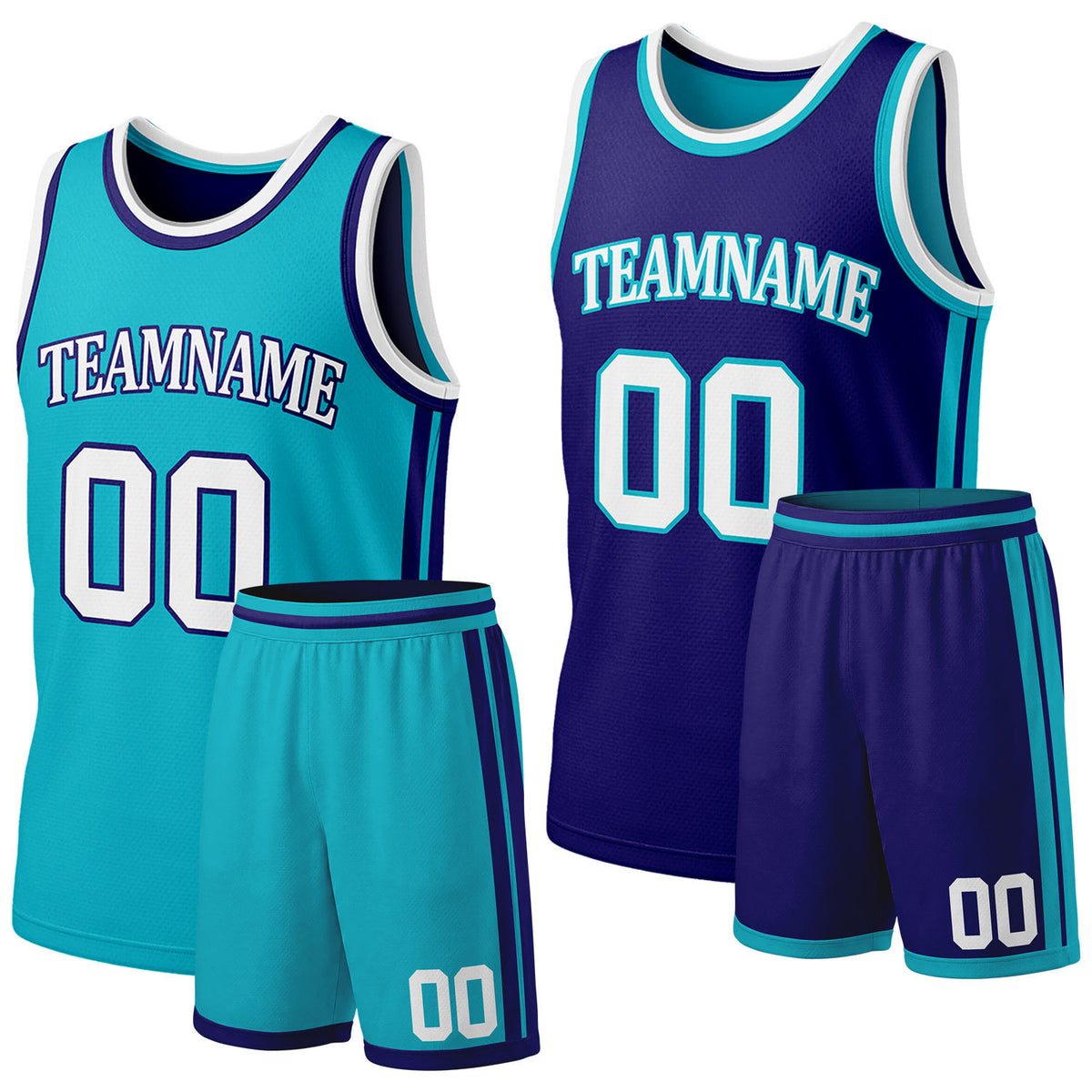 Custom cyan &amp; purple reversible basketball jersey shorts set by Vosoli | Personalized team name &amp; number full team uniform sportswear