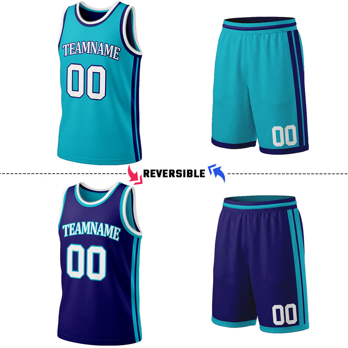 Custom Cyan & Purple Reversible Basketball Jersey Shorts Set | Personalized Full Team Uniform