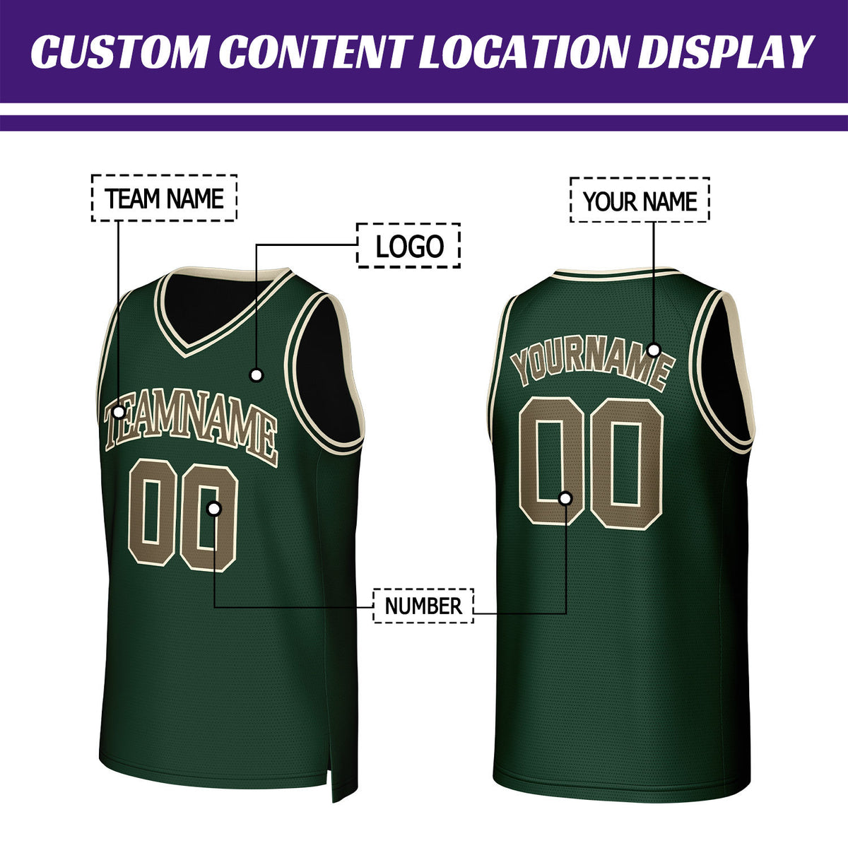 Custom Dark Green & Tan Basketball Jersey | Personalized Name & Number Team Uniform